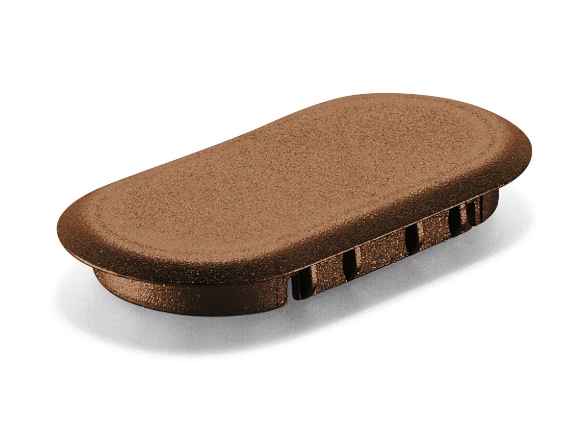 A brown, oval plastic end cap with a smooth top and slotted sides, made to fit into the end of a tubular chair or table leg.