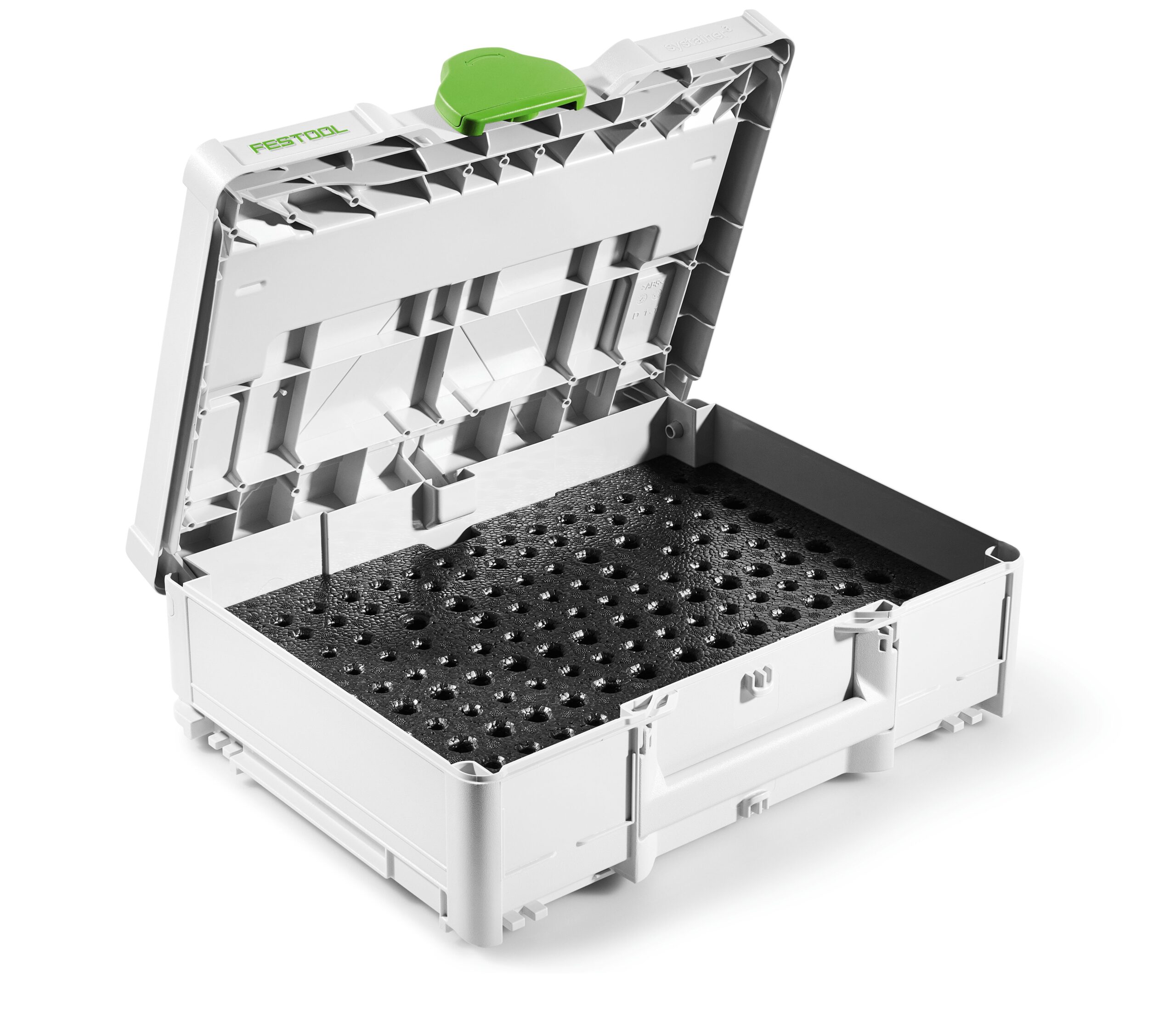 An open white plastic storage case with a green latch and black foam insert with small holes for organizing and protecting items.