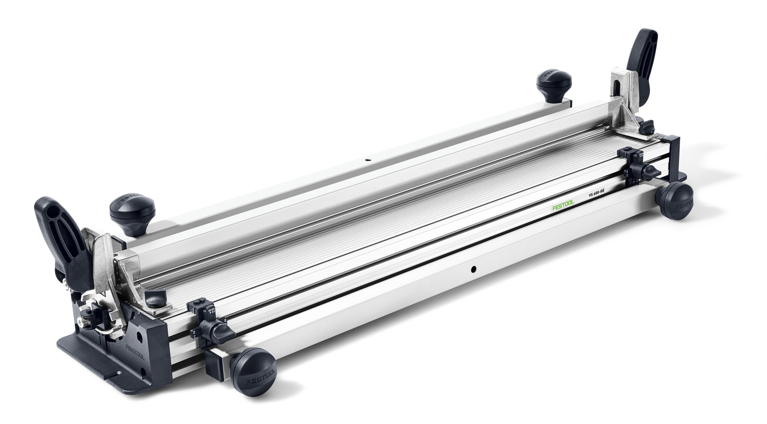 A silver and black manual tile cutter with a long base, adjustable guide, and two black handles for precise tile cutting.