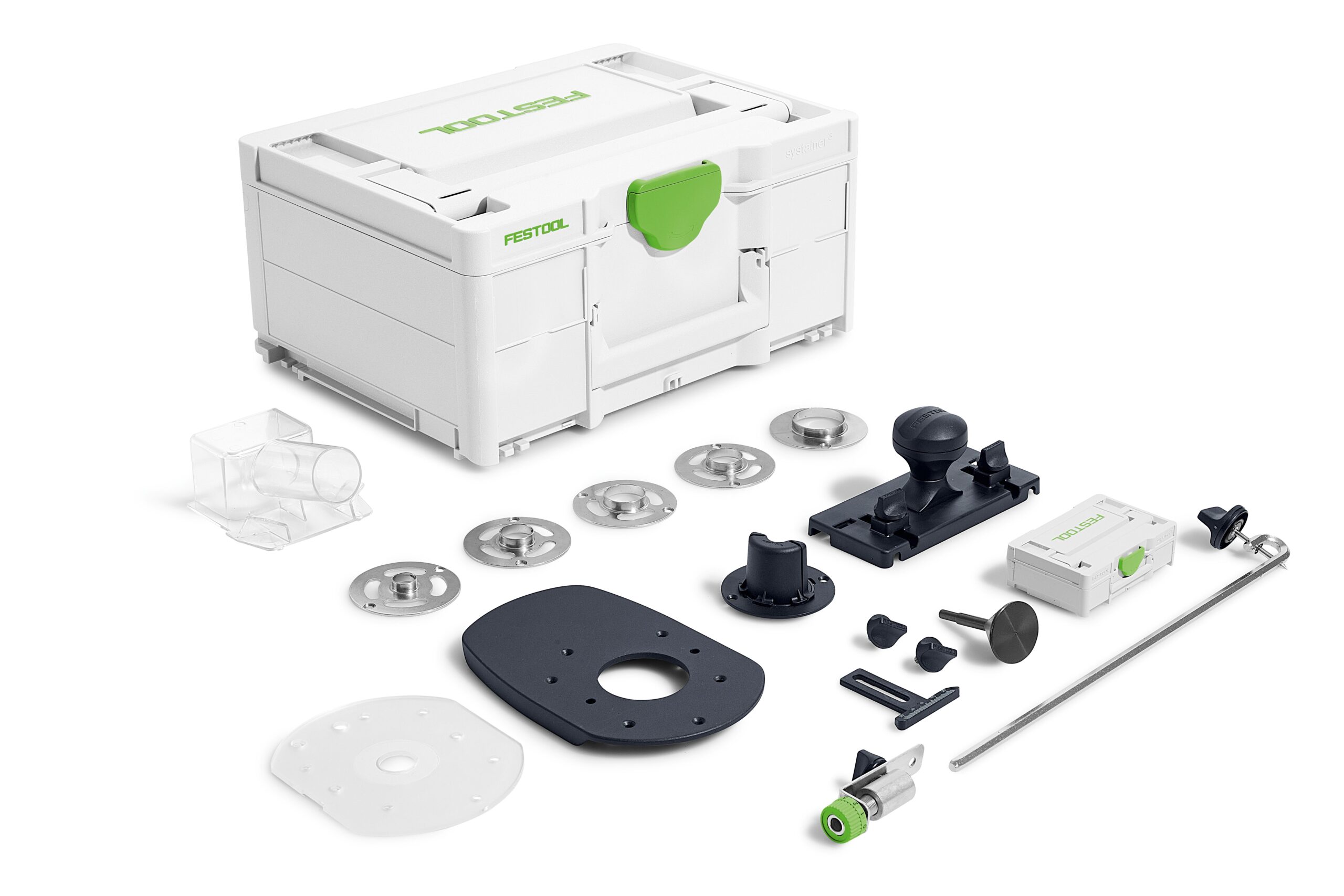 An open white Festool case with a green latch displays assorted tool accessories, disks, and attachments neatly arranged in front.