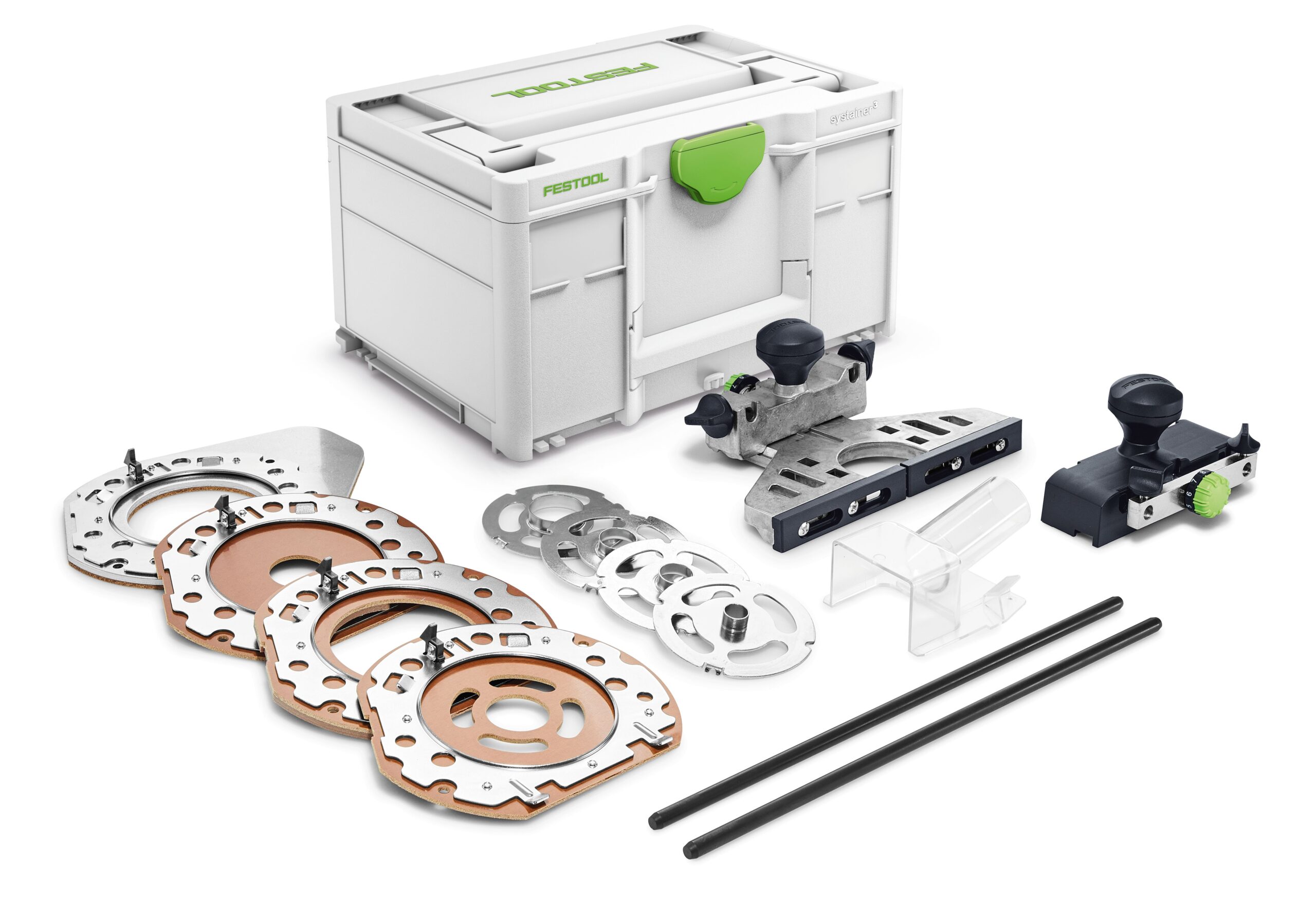 The Festool 576832 Accessories set ZS-OF 2200 shows router attachments, guides, plates, and rods arranged by a Systainer case.
