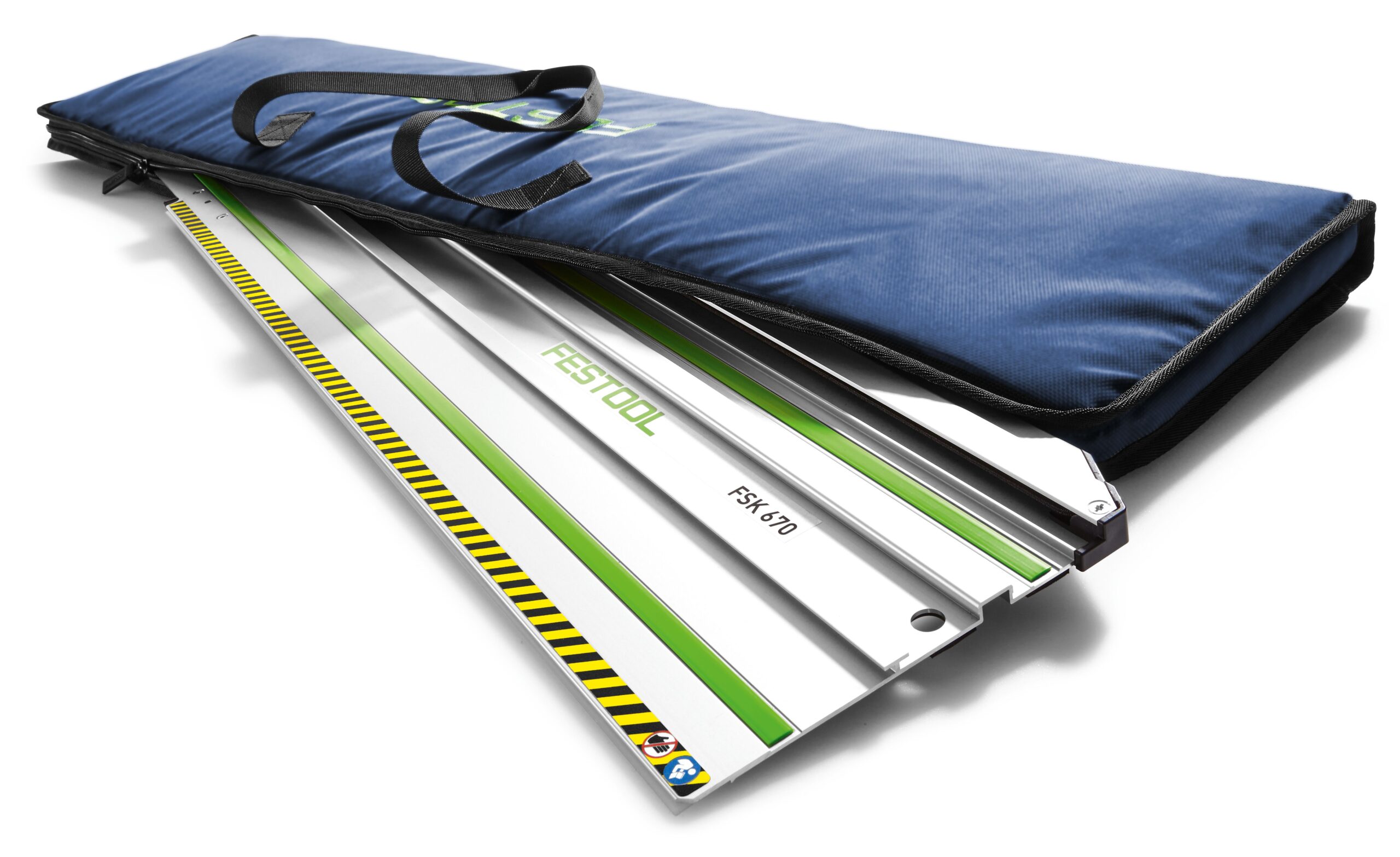 A Festool FSK 670 guide rail with green markings is partially removed from a blue carrying case with handles on a white background.