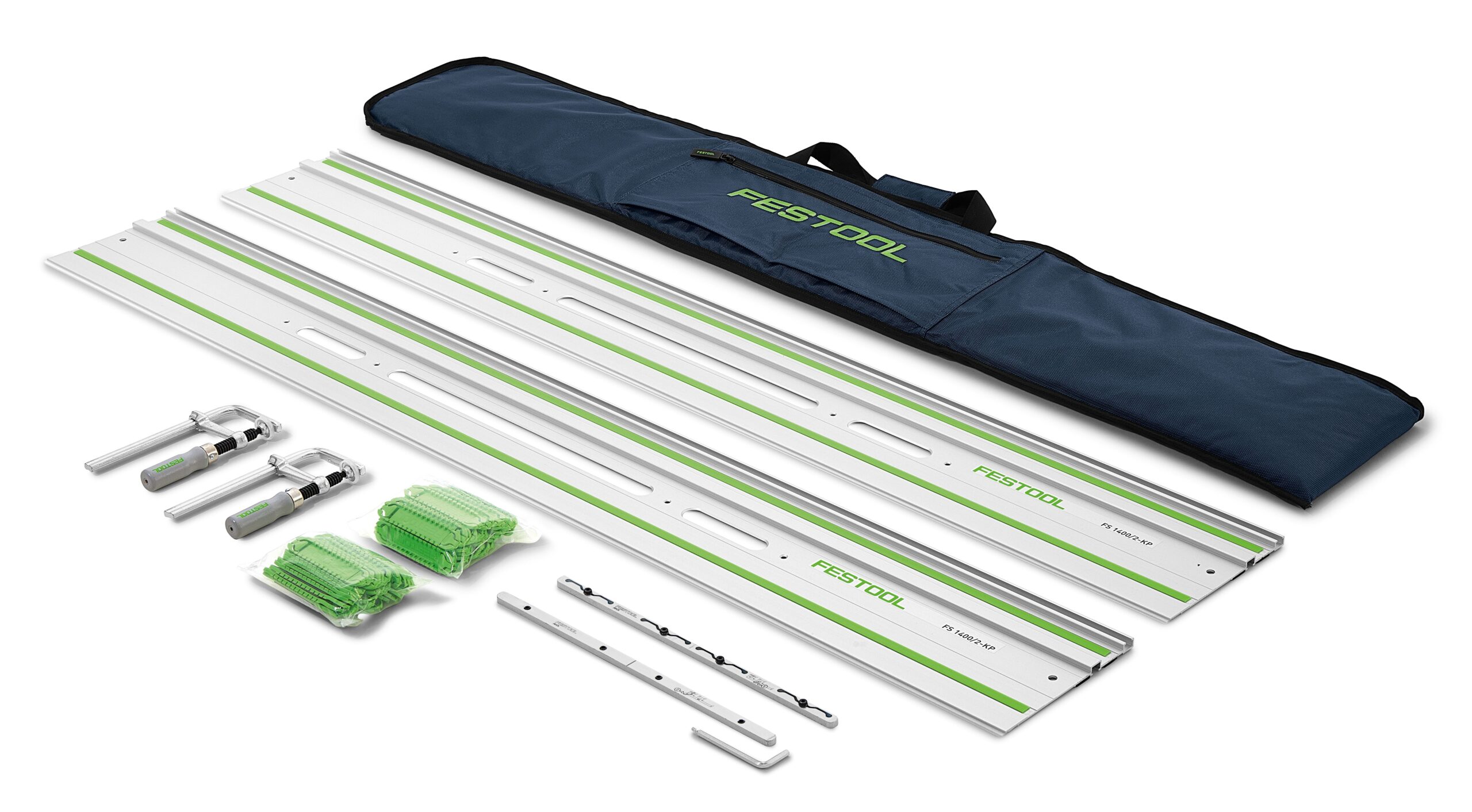 The Festool 577932 Guide rail FS 1400/2-KP-Set comes with two silver rails, connectors, clamps, cloths, and a black case on white.