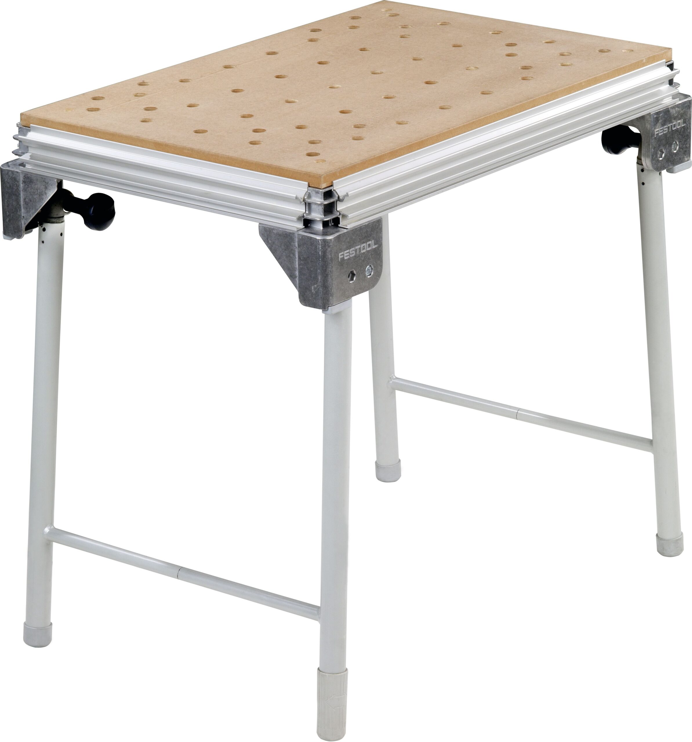 The Festool 495465 MULTIF. TABLE MFT/KAPEX is a portable workbench with a perforated wooden top, metal legs, surface holes, and support bars for extra stability.