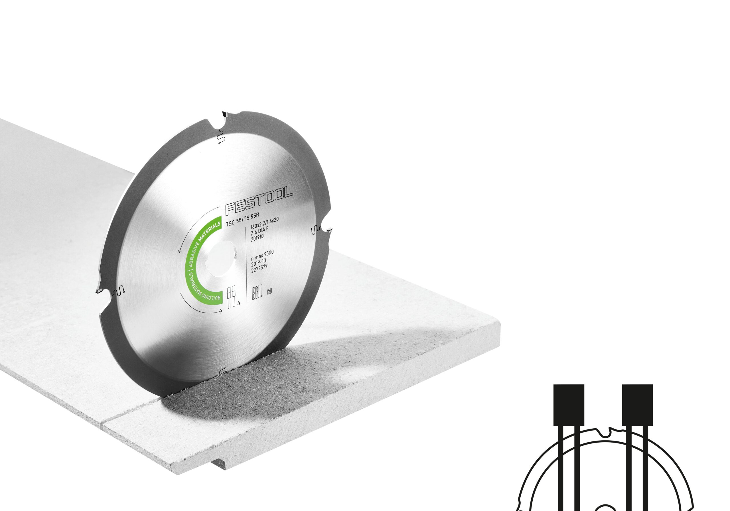 A circular Festool saw blade is partially embedded in a white panel, cutting through it, with a profile diagram in the corner.