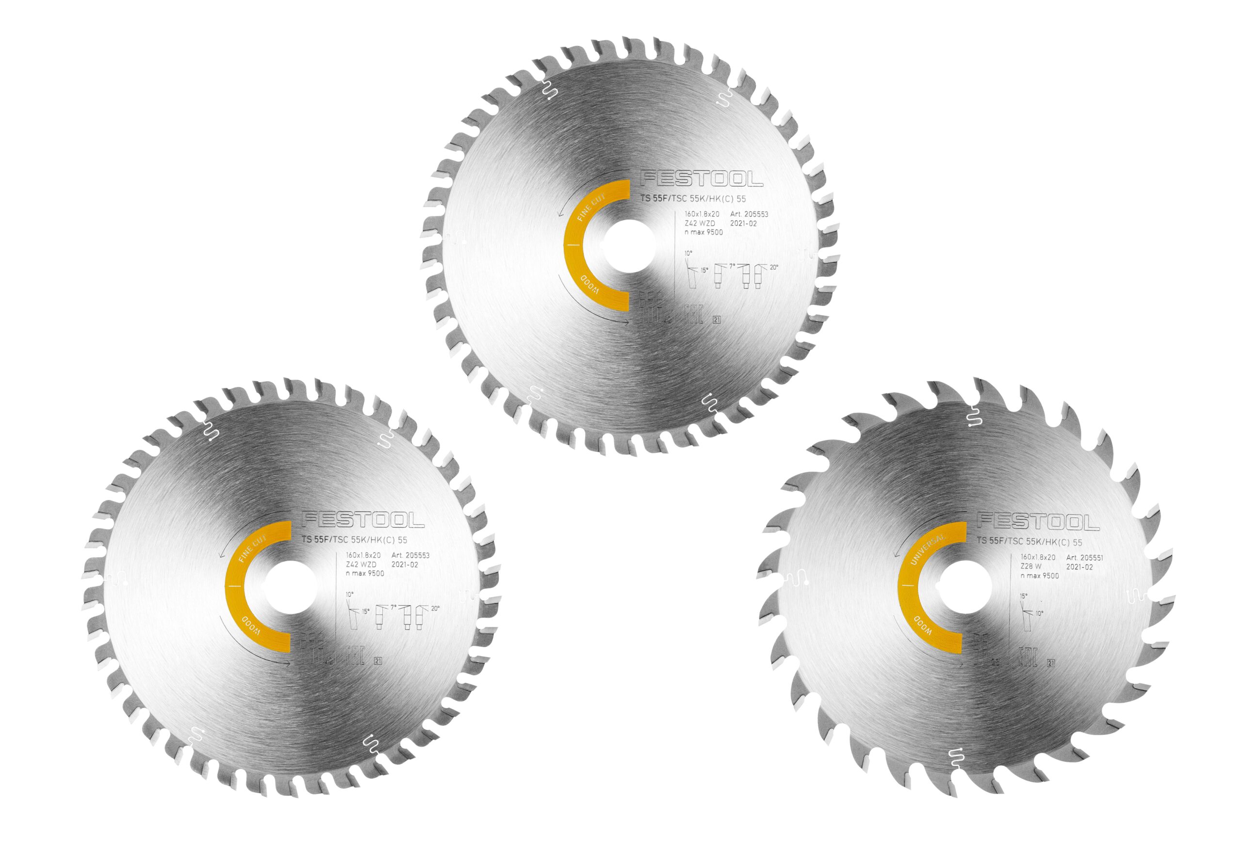 Three Festool 578547 saw blades with sharp teeth and yellow accents arranged in a triangular pattern on a white background.