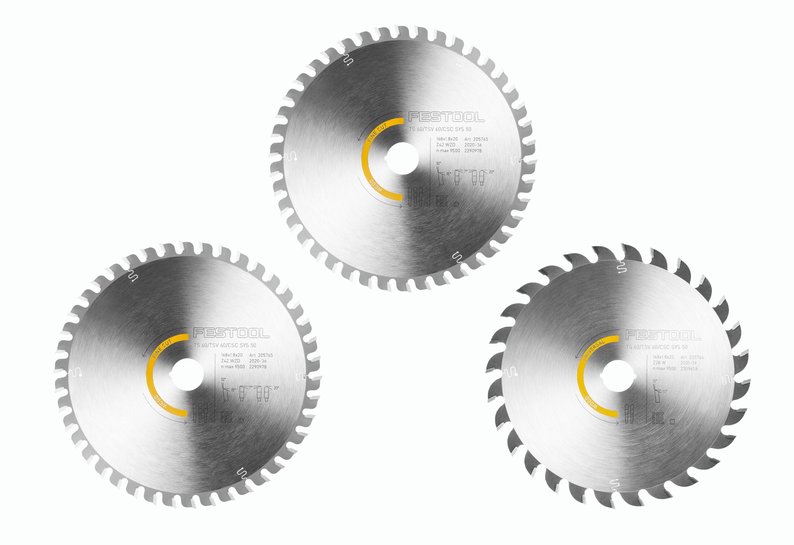 Three Festool 578566 saw blades with sharp, evenly spaced teeth are arranged in a triangle on a white background, each with a yellow accent.