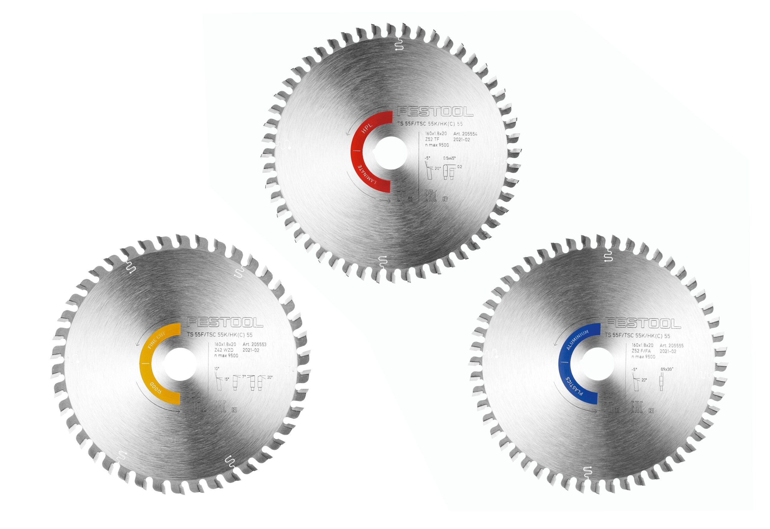 The Festool 578564 Saw Blade set includes three silver-bladed saws with red, yellow, or blue rings on white and evenly spaced teeth.