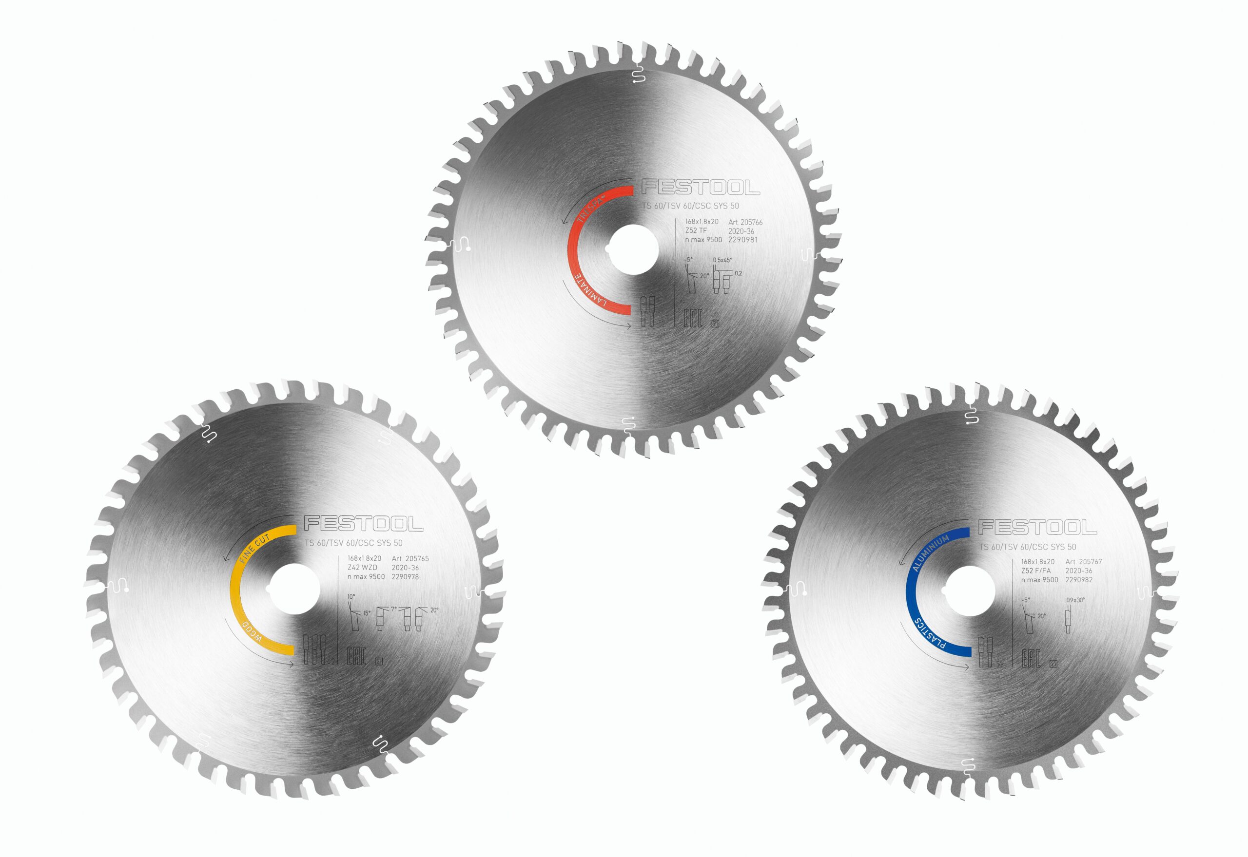 Three Festool 578568 circular saw blades with jagged teeth are arranged in a triangle, each with a yellow, red, or blue center ring.