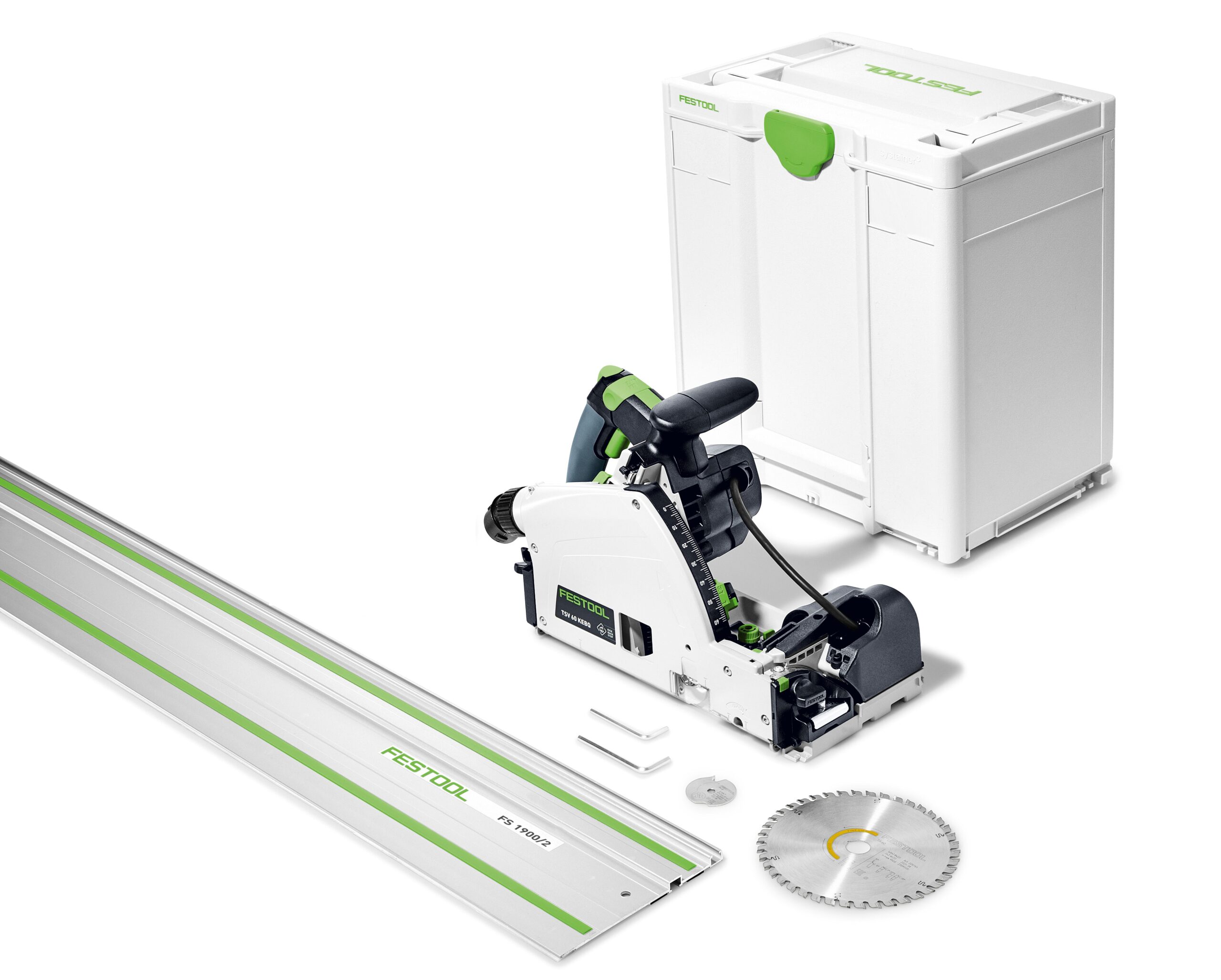The TSV60 KEBQ-PLUS FS 110V kit shown with track saw, guide rail, saw blade, accessories, and a white case with green accents.