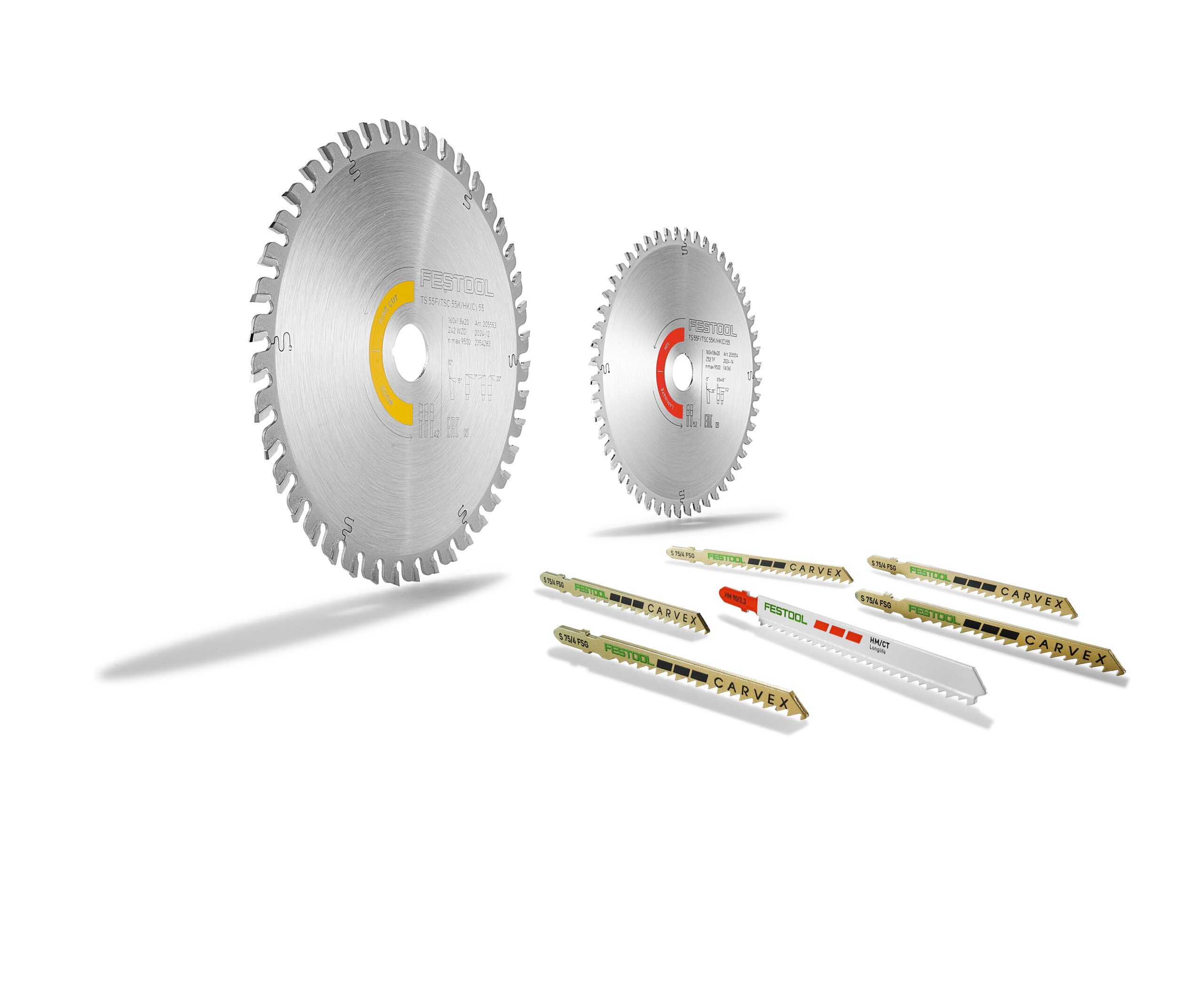 A Festool 578562 Saw blade set and eight reciprocating saw blades arranged on a white background with left shadows.