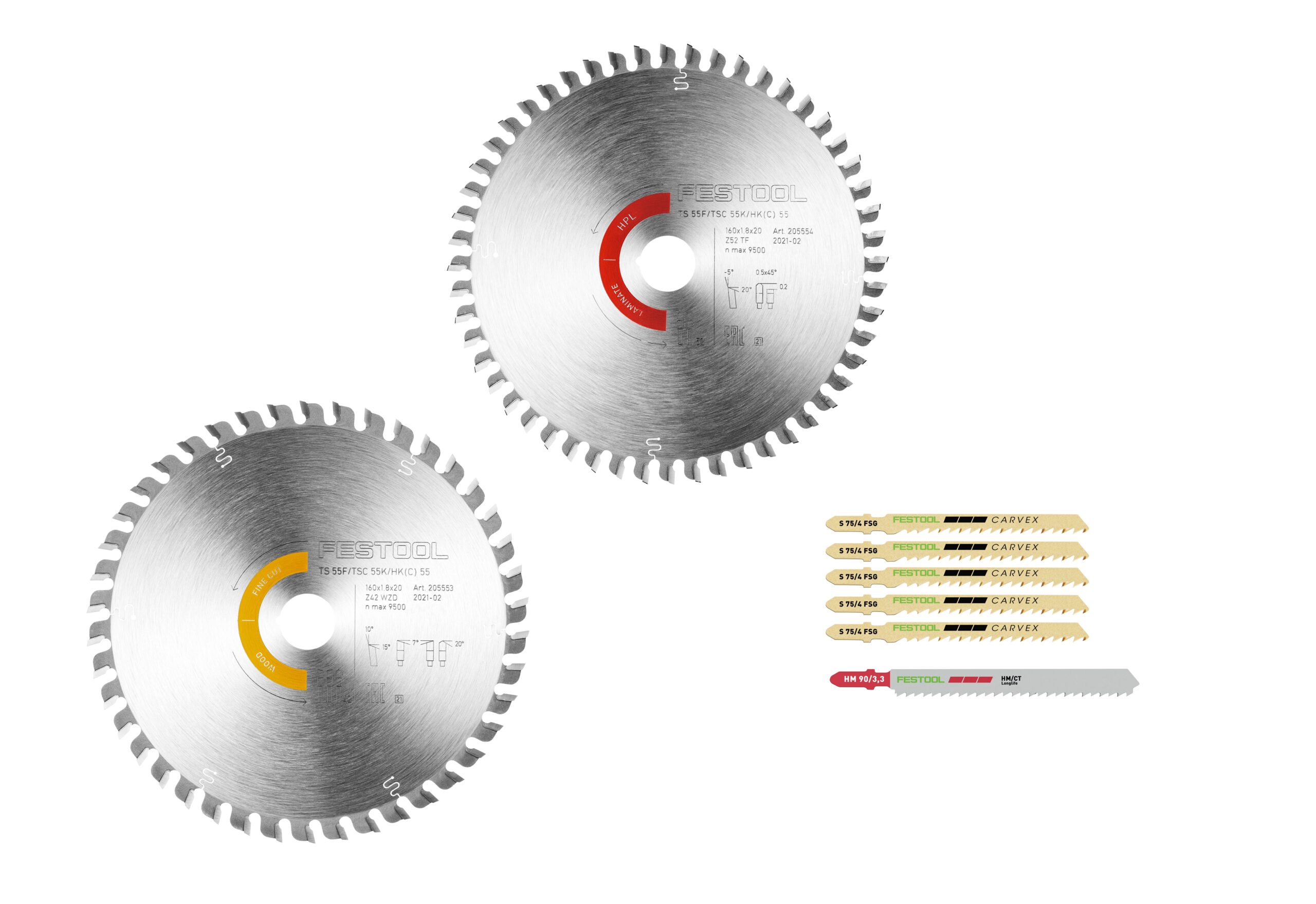 A Festool 578562 Saw blade set with two fine-toothed circular blades and six reciprocating saw blades on a white background.