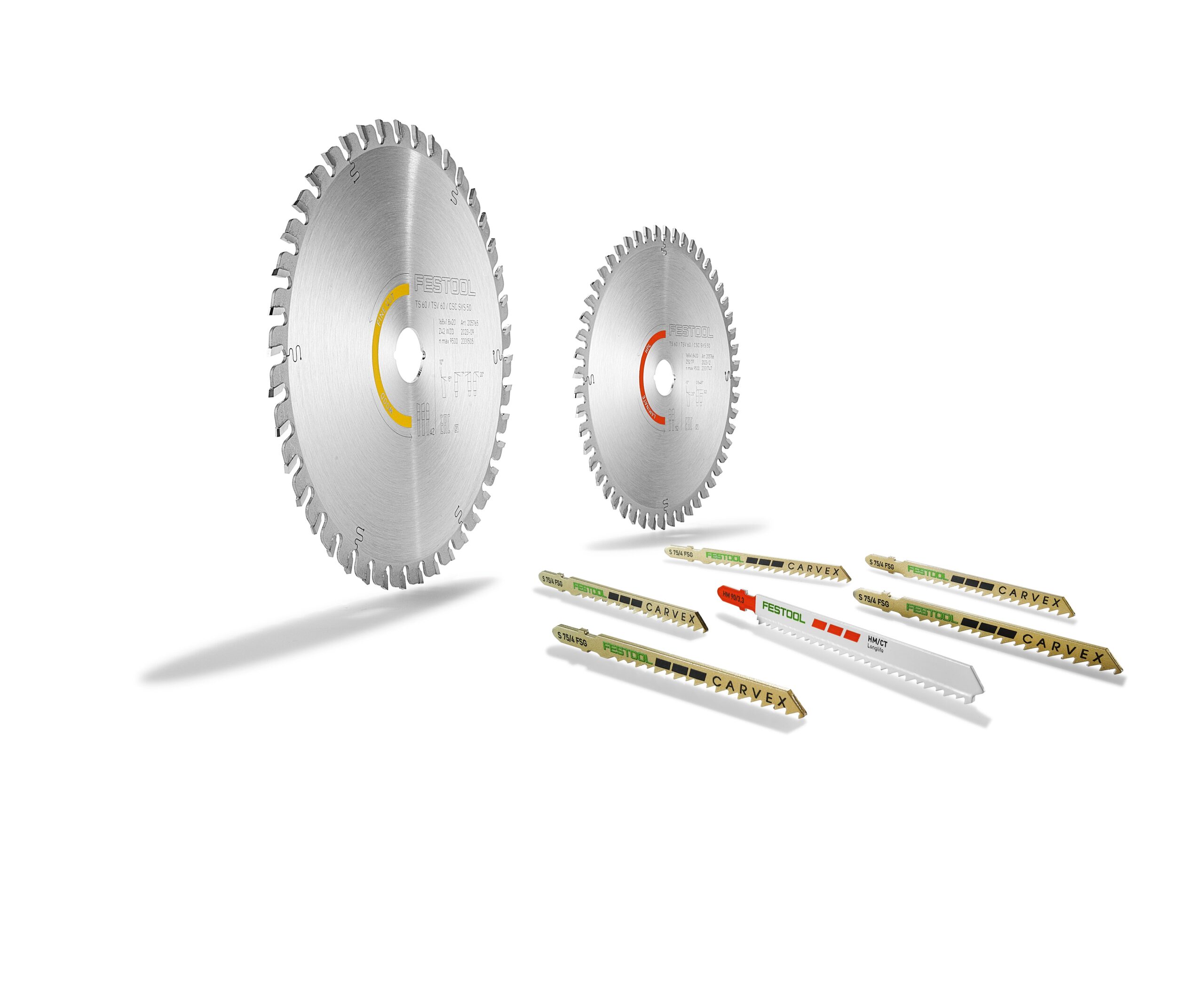 Two circular saw blades and seven jigsaw blades are grouped on a white background, with visible shadows beneath each blade.