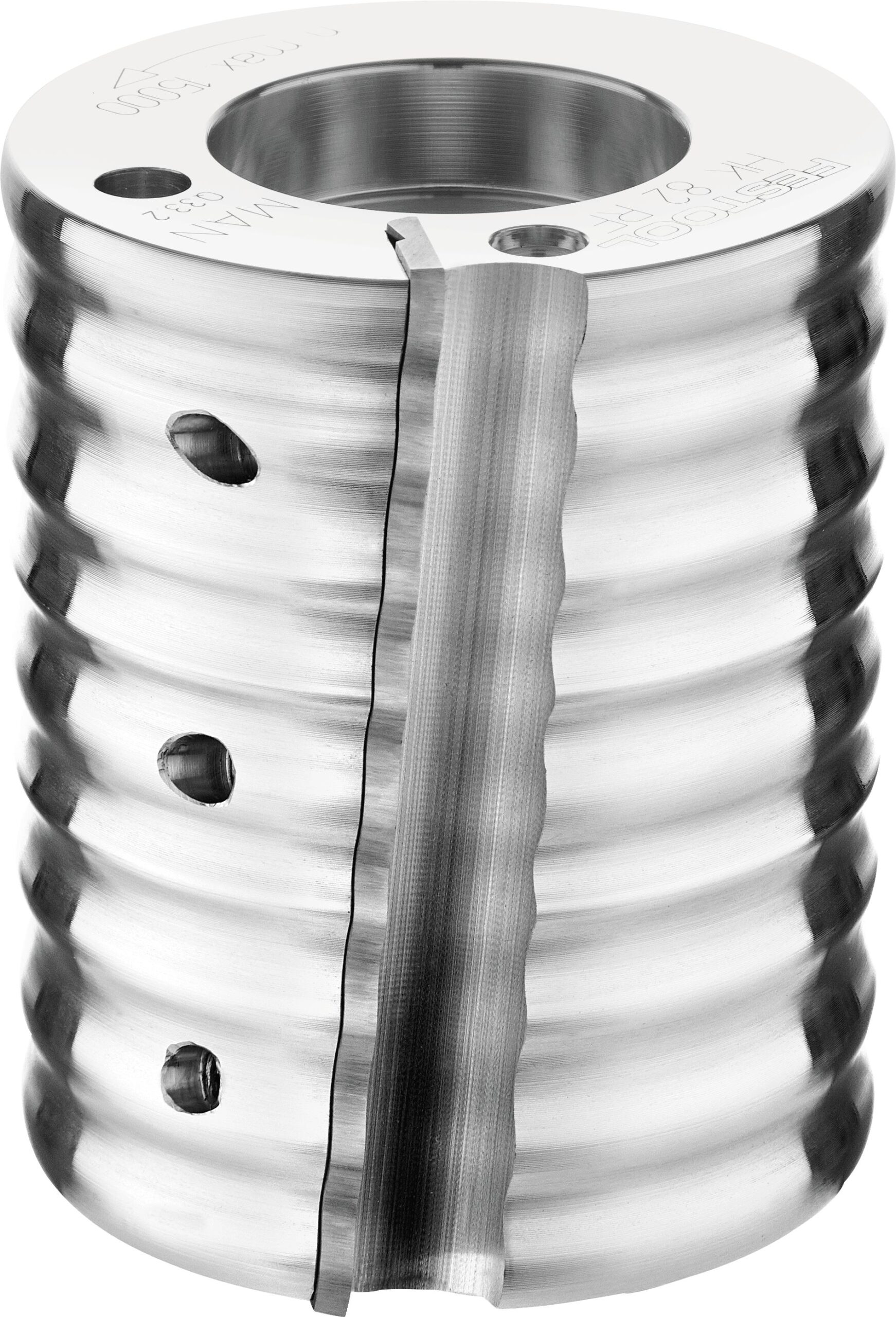 A shiny, cylindrical metal shaft collar with ridged sides, a central hole, threaded side holes, and a clamping slit.