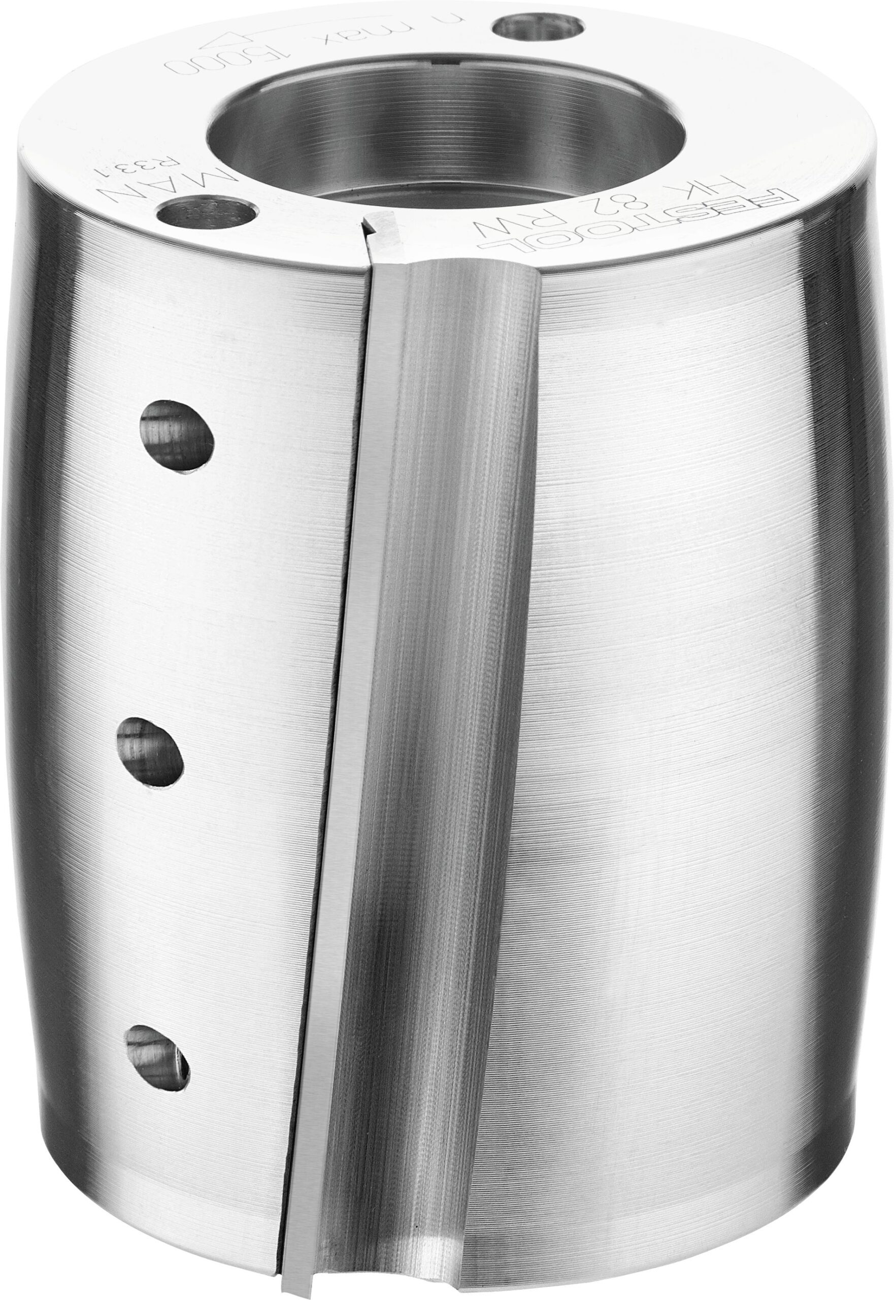 The Festool 484522 PLANER HEAD HK 82 RG is a shiny, cylindrical metal part with several holes and a vertical groove for machinery use.