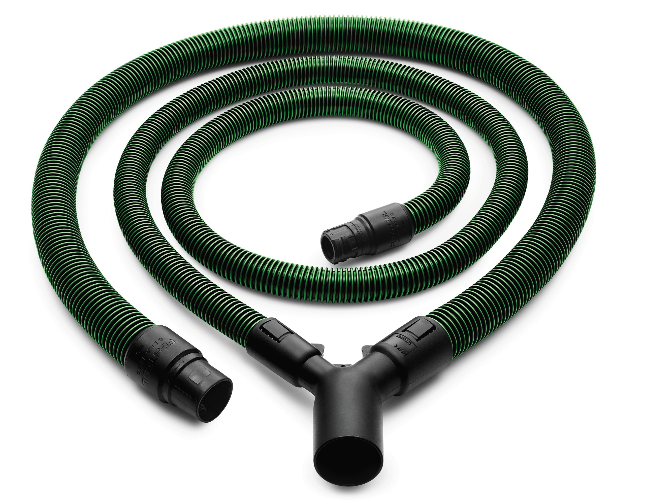 The Festool 577280 Dust Extraction Set with a green coiled hose and Y-shaped connector is shown on a white background.
