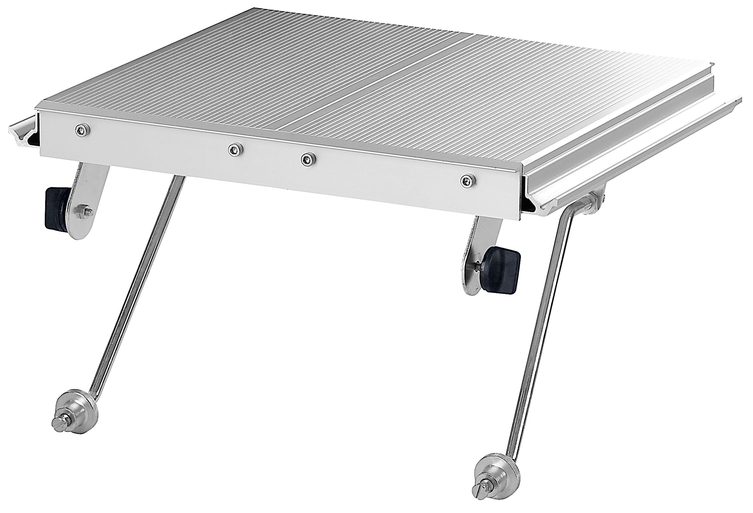A portable silver folding table with a ridged surface, angled wheeled metal legs, and locking knobs for added versatility.