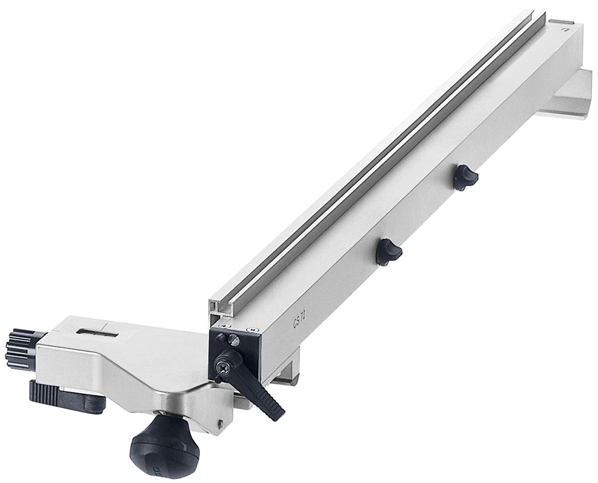 The Festool 488062 Length Stop CS 70 LA is a silver metal table saw fence with adjustment knobs, locking lever, and length stop.