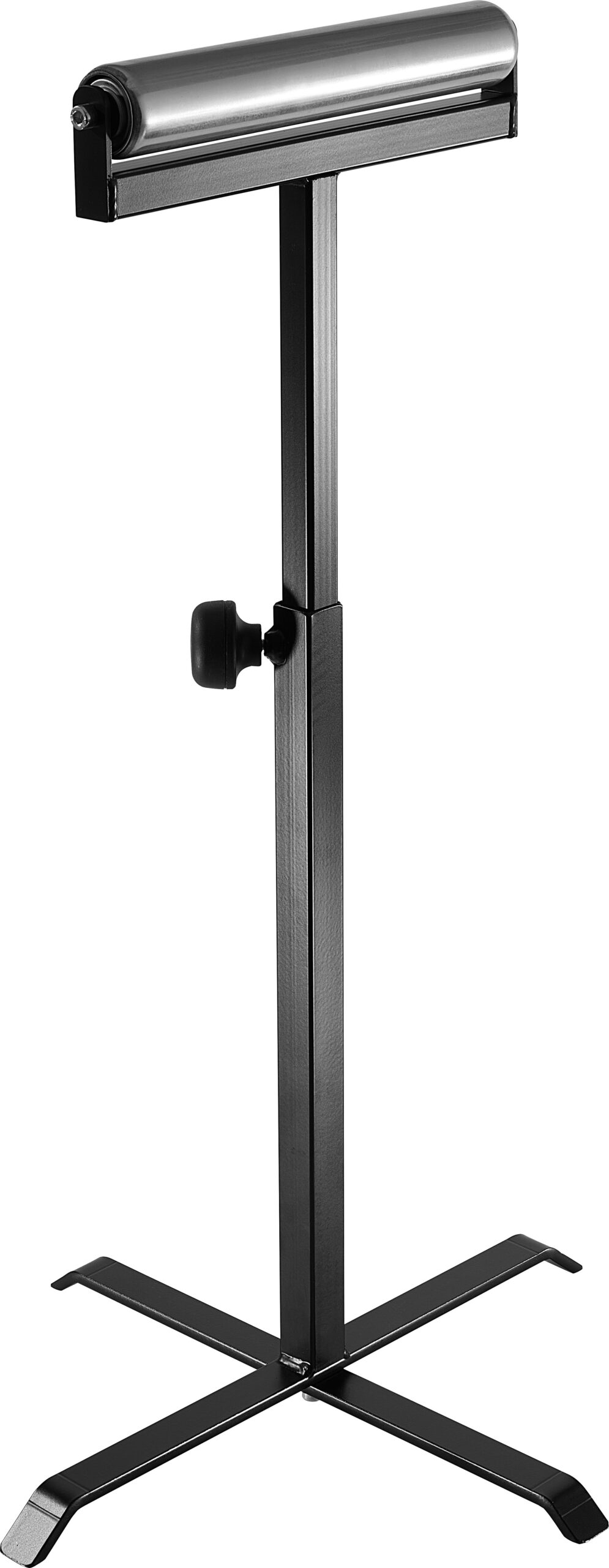 A black Festool 488711 RB Roller Stand with adjustable height, a horizontal top roller, and a cross-shaped base on white background.