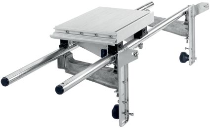 The Festool 490312 ROLLING TABLE CS 70 ST 650 has a metal sliding rail and flat wheeled platform for smooth horizontal movement.