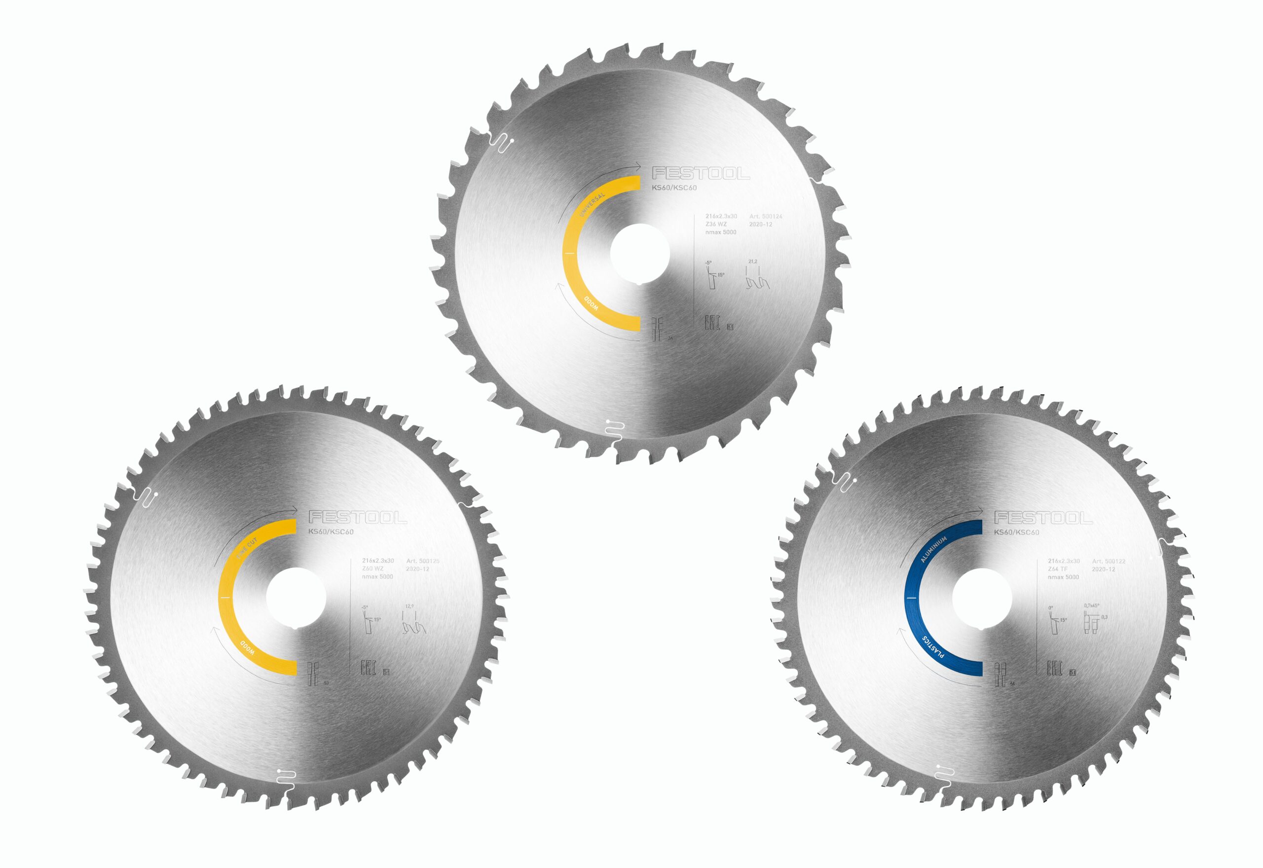 Three Festool 578569 silver circular saw blades with yellow, orange, and blue markings are arranged in a triangle on white.