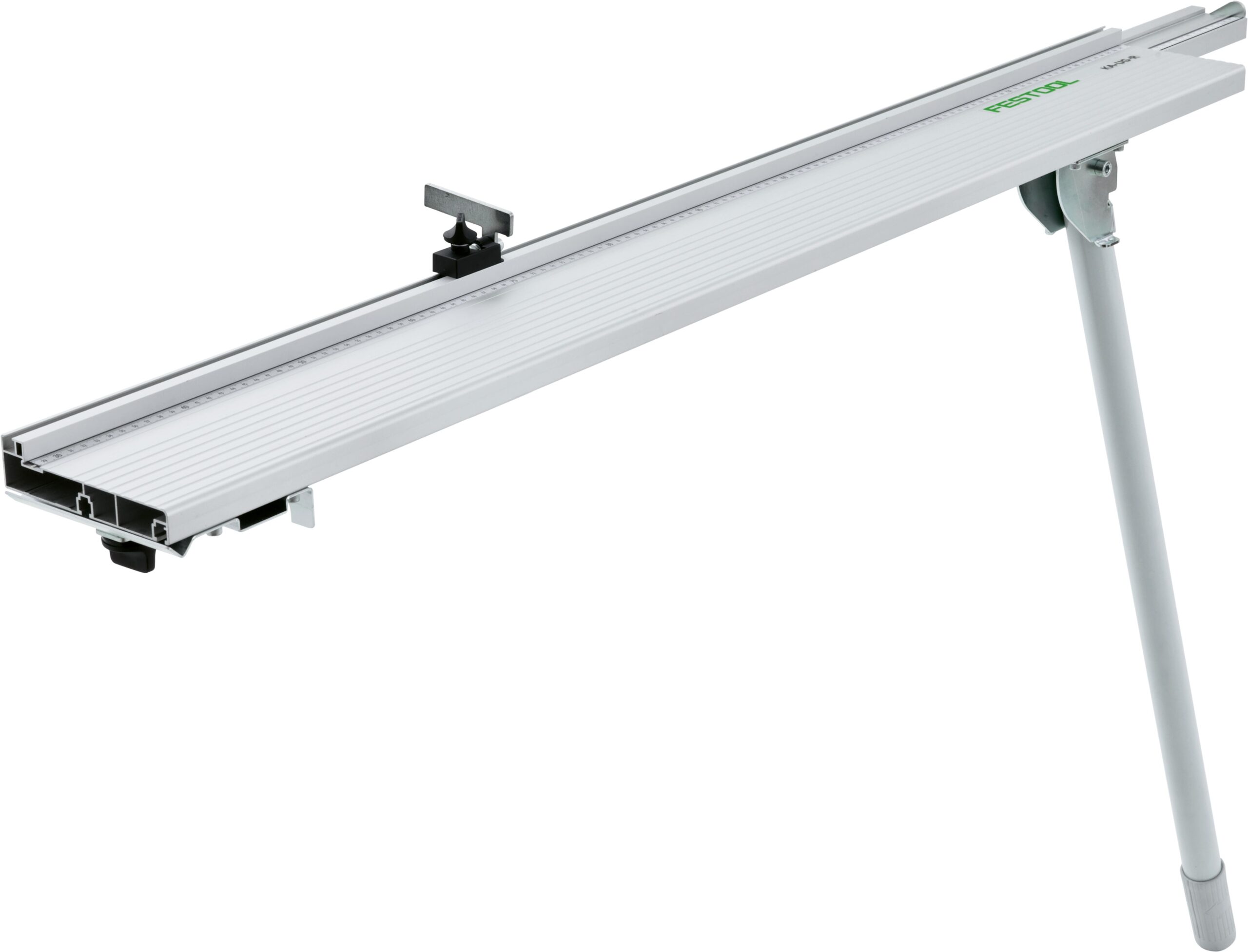 The Festool 201908 Trimming attach KA-UG-KS 60-R is a metal extension table with measuring scale, clamp, trim attachment, and fold-out leg.