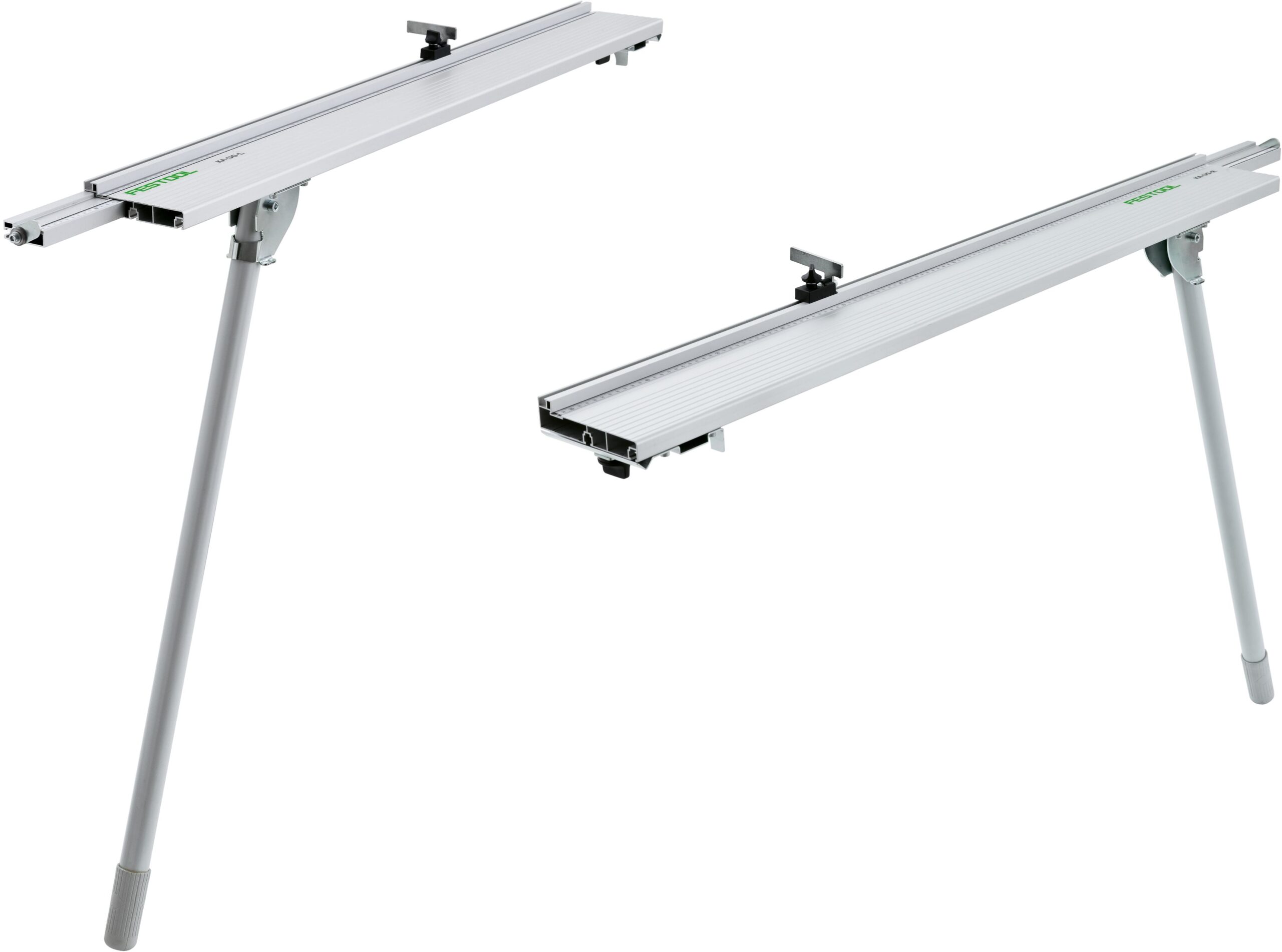 The Trimming attachment KA-UG-KS 60-R/L has two angled, adjustable aluminum rails with legs for extending compatible workbenches.