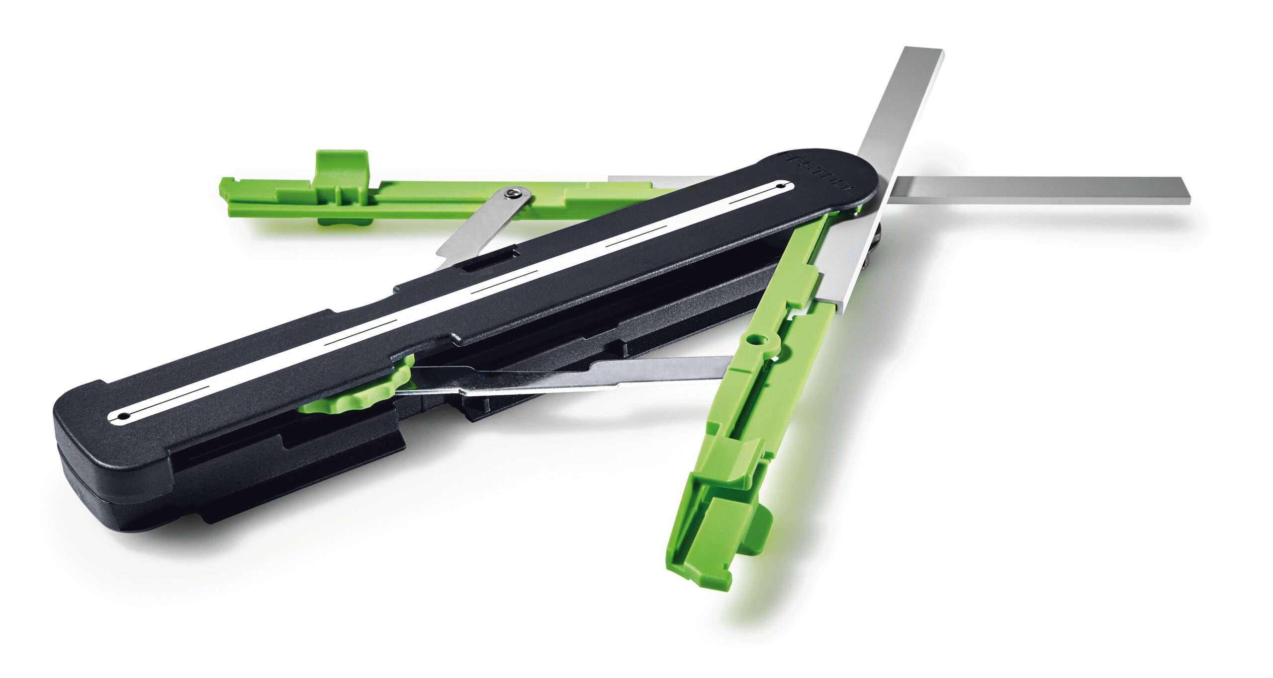 The Festool 200127 Bevel SM-KS, a black and green tool with adjustable metal blades and guides, is open on a white background.