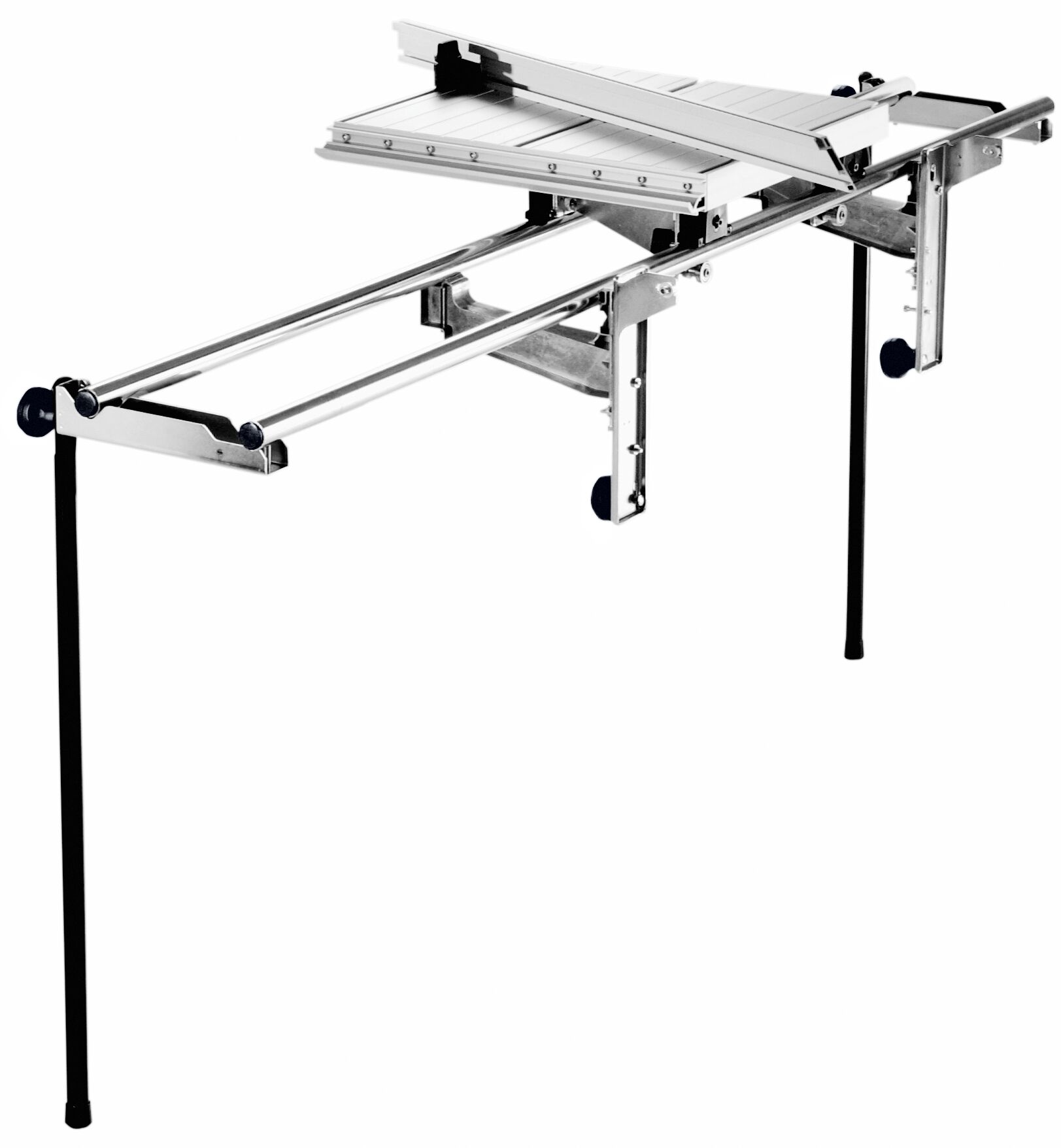 The Festool 578099 Sliding Table ST 840 TKS 80 is a metal extension with two support legs and adjustable rails, on a white background.