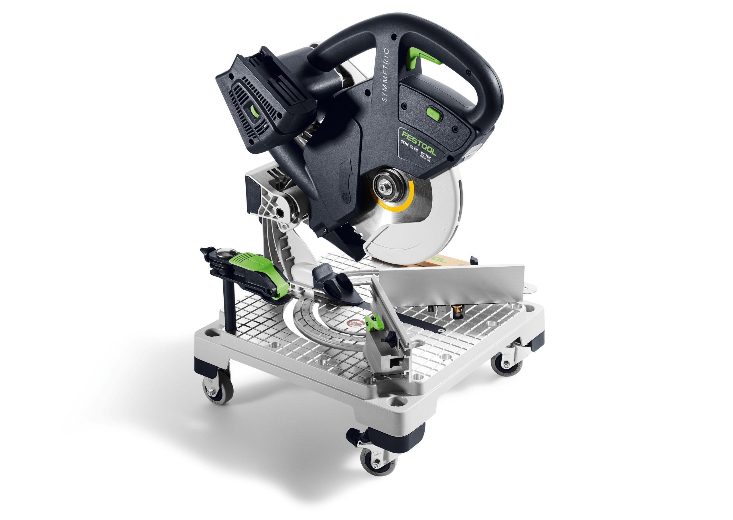 A black and green Festool 577424 SYMC 70 EB-Basic Cordless Mitre Saw sits on a silver stand with a grid-patterned surface.