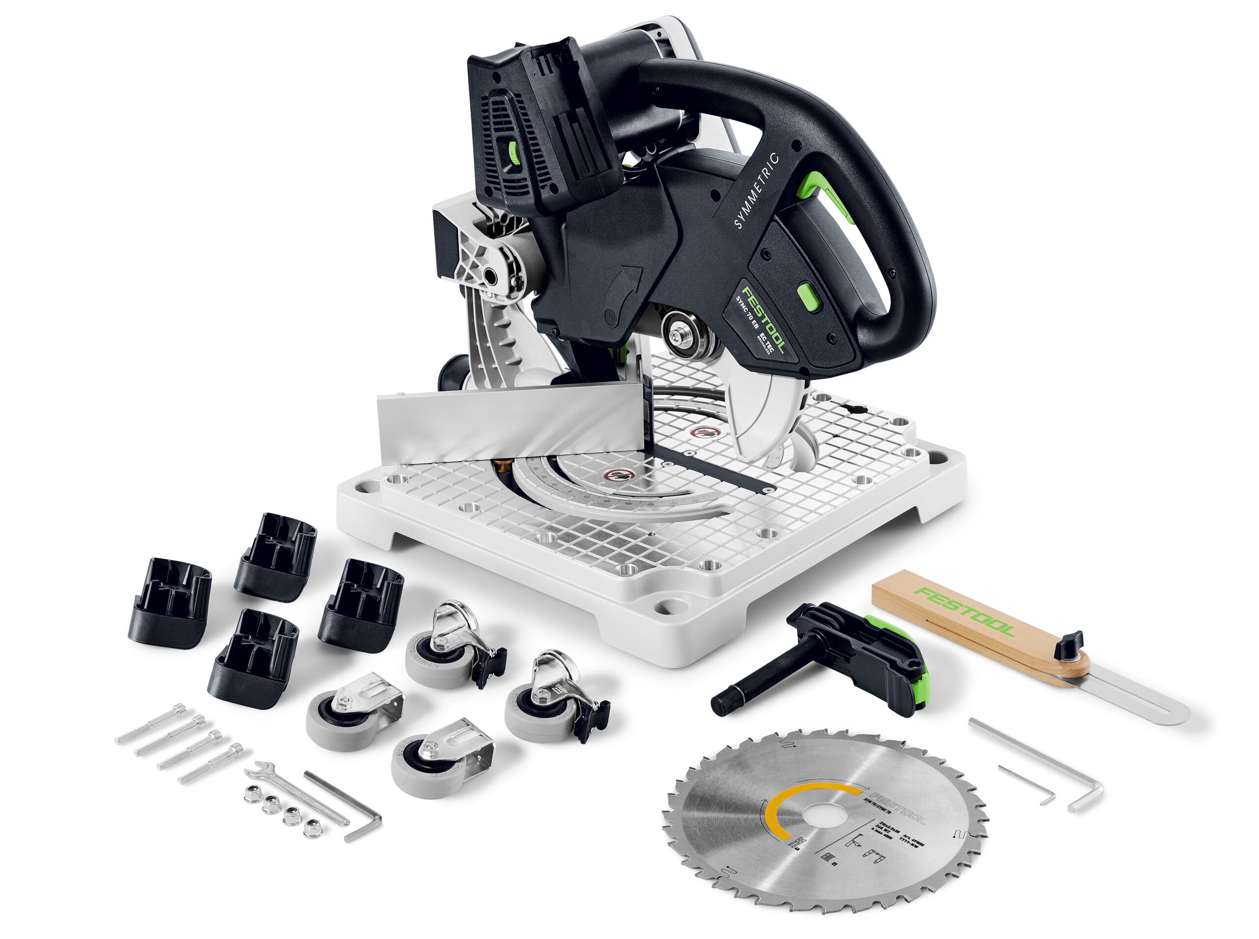 The Festool 577424 SYMC 70 EB-Basic Cordless Mitre Saw kit includes a saw, blade, clamps, fasteners, push stick, and accessories.