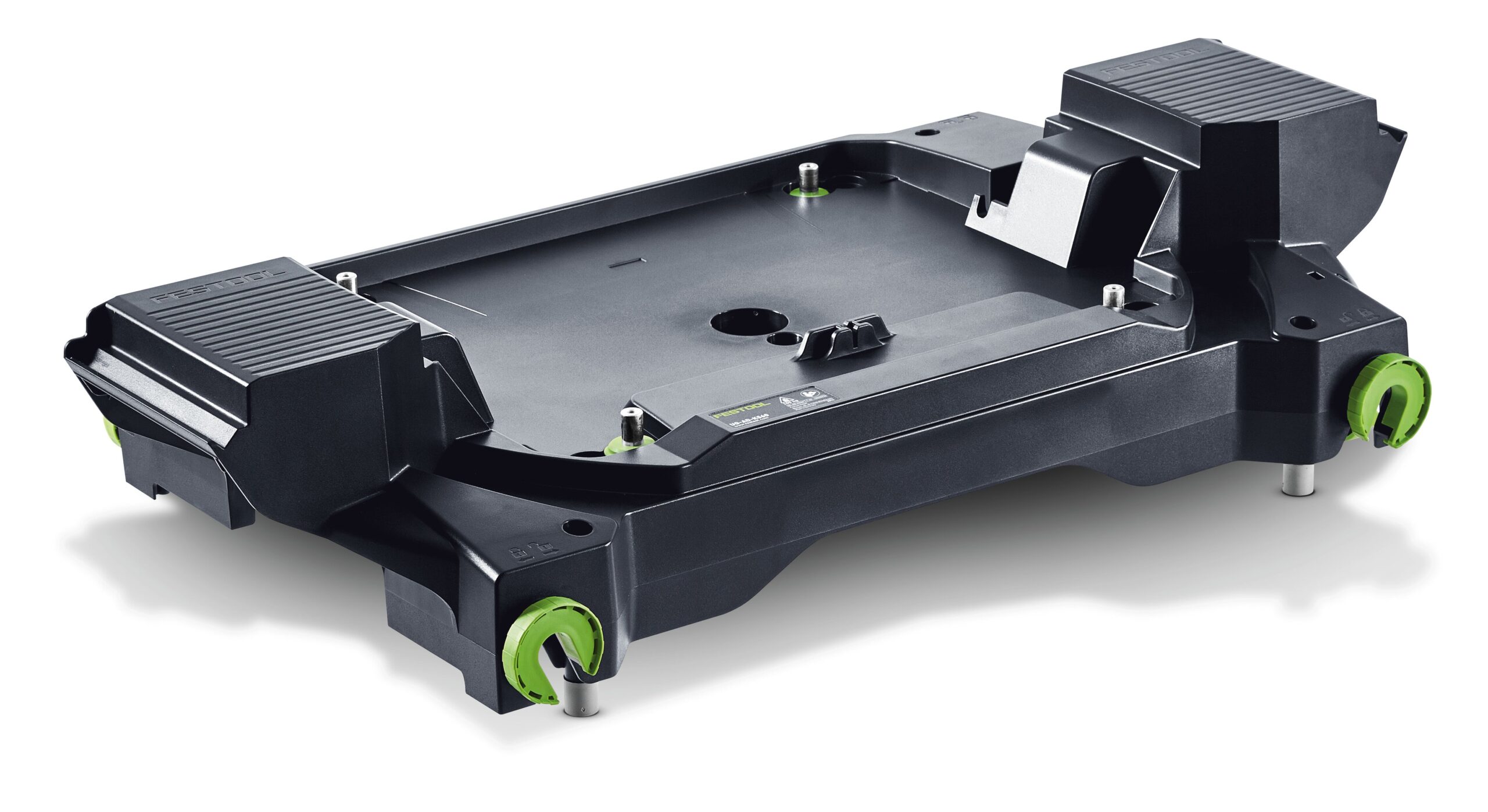 A black plastic rolling cart base with green wheels and raised edges, designed to support and transport equipment or tools.