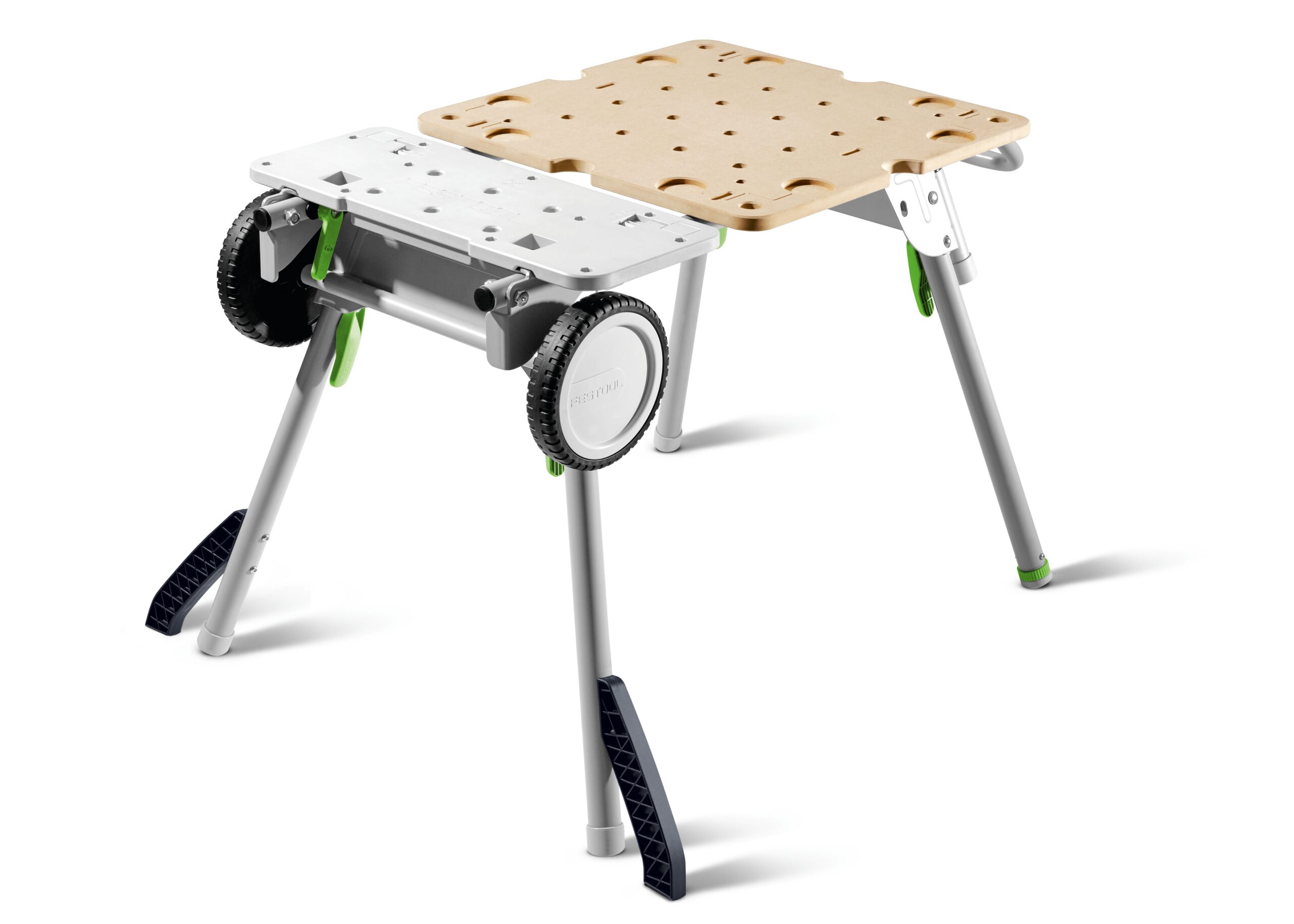 Portable Underframe UG-CSC-SYS workbench with metal legs, two wheels, and a hole-studded flat surface in metal and wood tones.