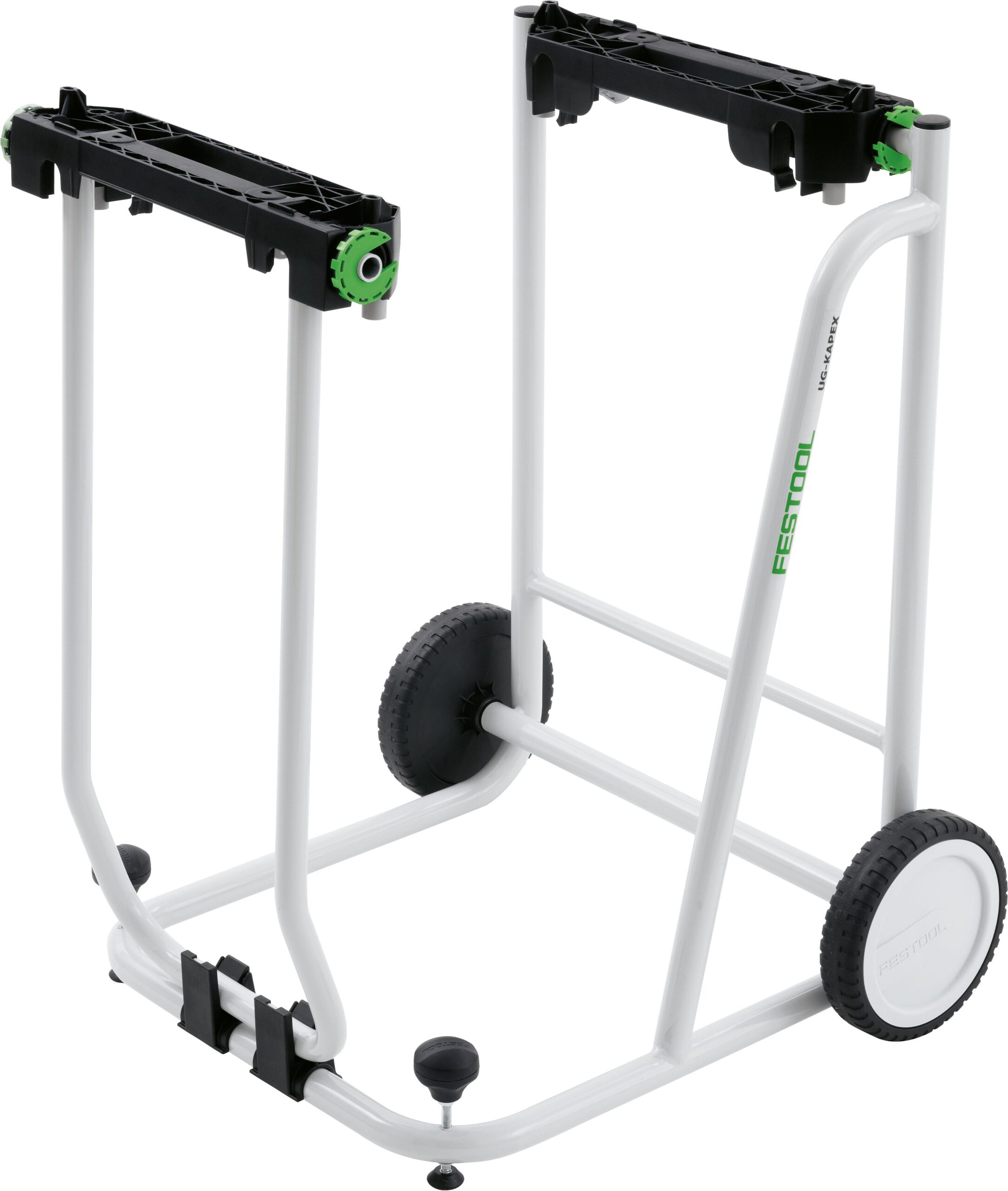 The Underframe UG-KAPEX KS 120 is a white tool stand with black and green wheels, two black brackets, and a sturdy frame for KS 120.