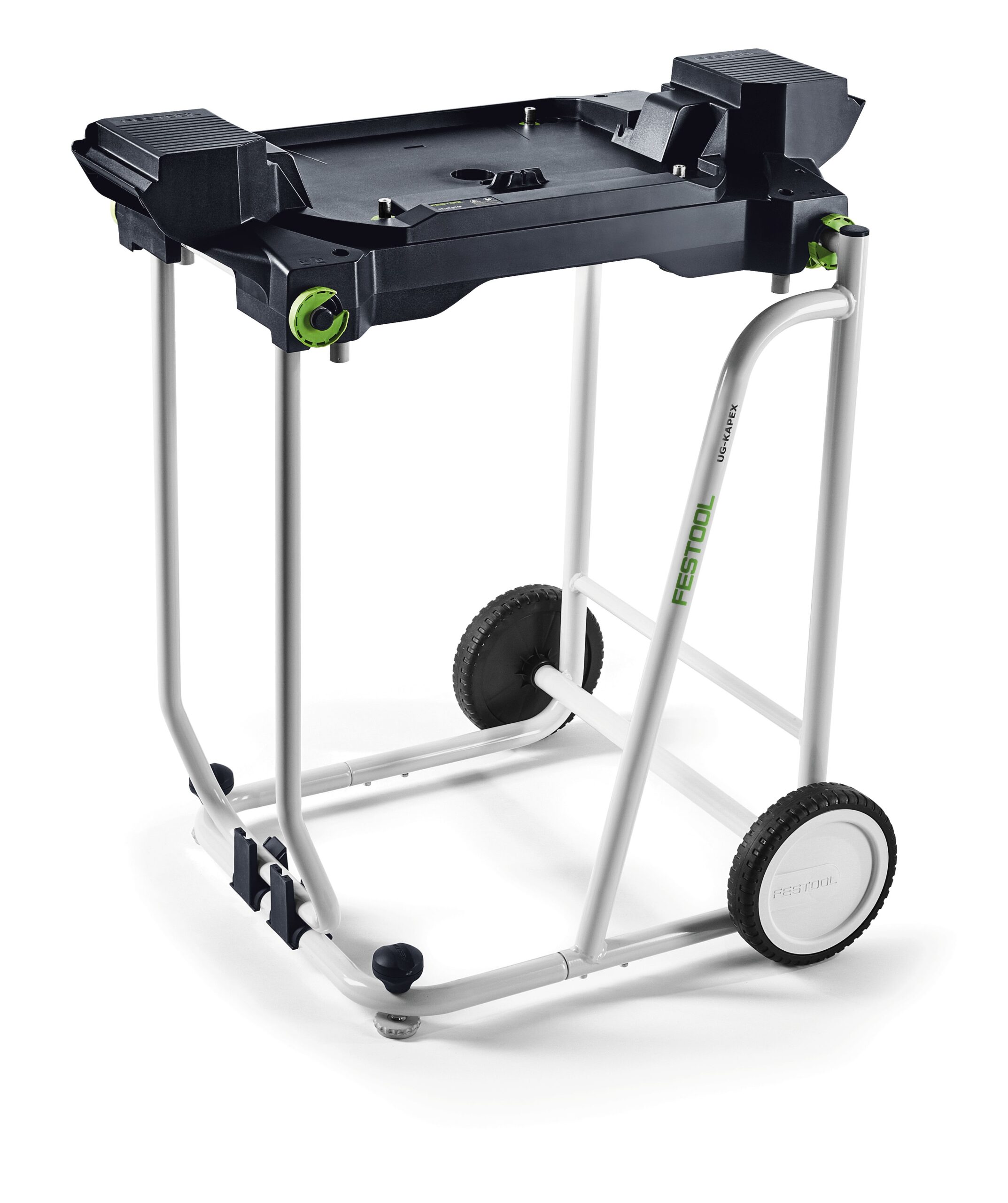 The Underframe UG-KS 60 is a portable tool stand with a black tray, green knobs, white frame, and two large wheels for transport.