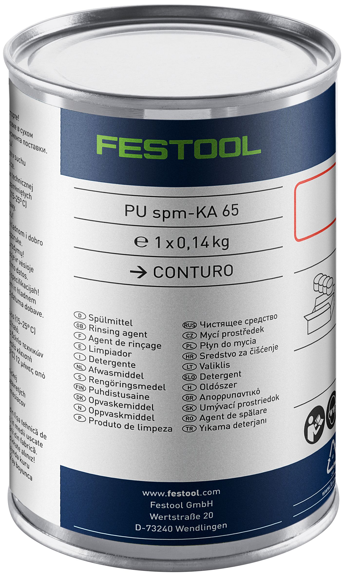 A 0.14 kg can of Festool 200062 Detergent PU spm 4x-KA 65 with multilingual labels, safety icons, and company info on bottom.