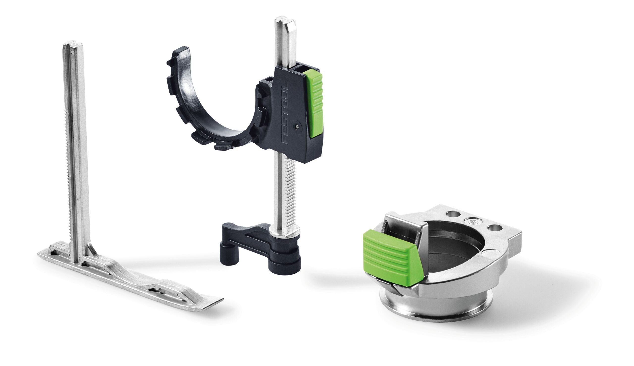 Three metal and plastic Festool router accessories stand upright on a white background, featuring green levers and woodworking clamps.