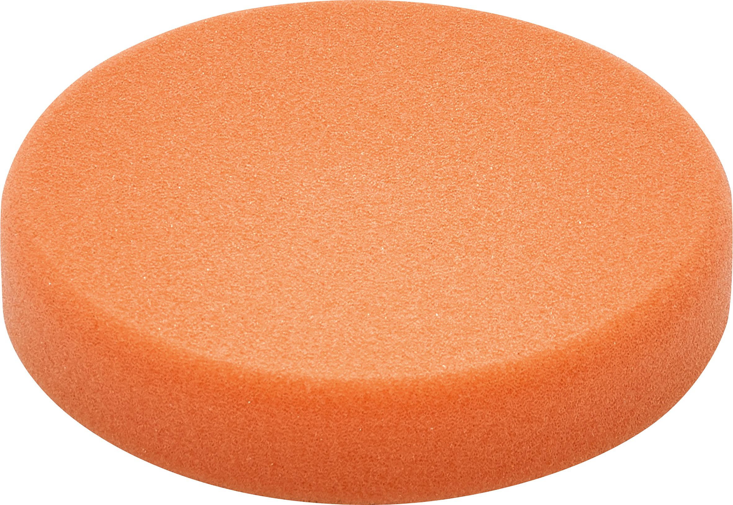 An orange, circular foam sponge pad is shown at a slight angle against a plain white background.