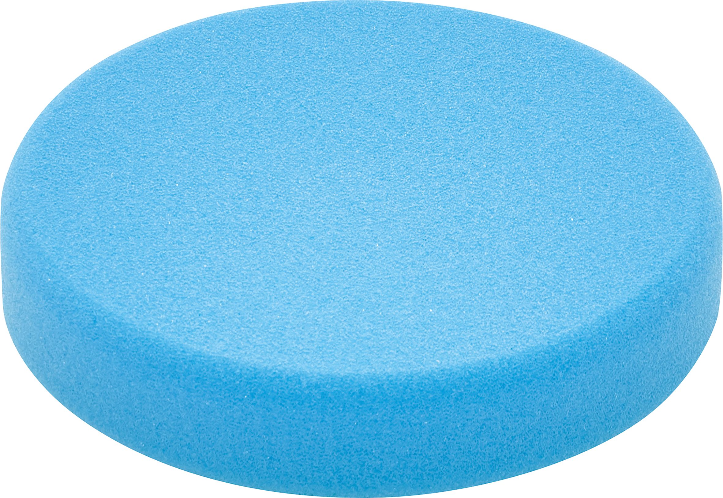 A round, flat, light blue foam disc on a white background.