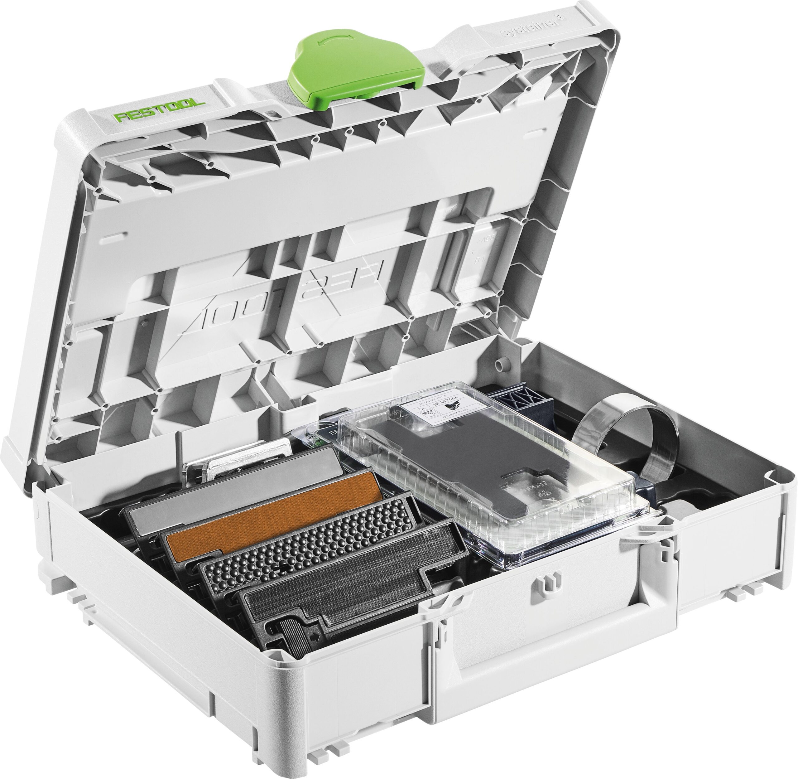 An open gray Festool 576789 SYS ZH-SYS-PS 420 toolbox with a green latch contains organized items: brush, cylinder, clear case.