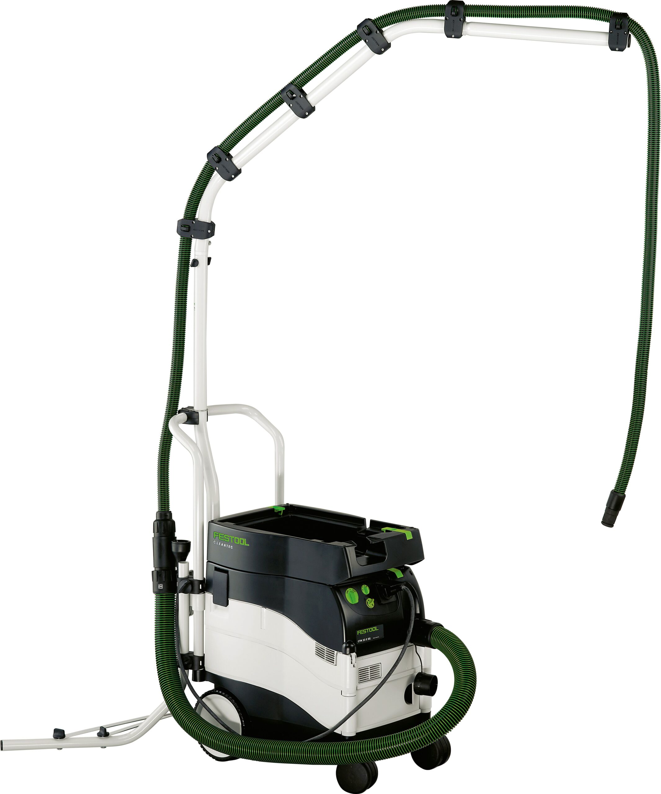 The Festool 492452 CT BOOM ARM CT-ASA 230V has a white and black body with wheels, green hose, and adjustable overhead arm.
