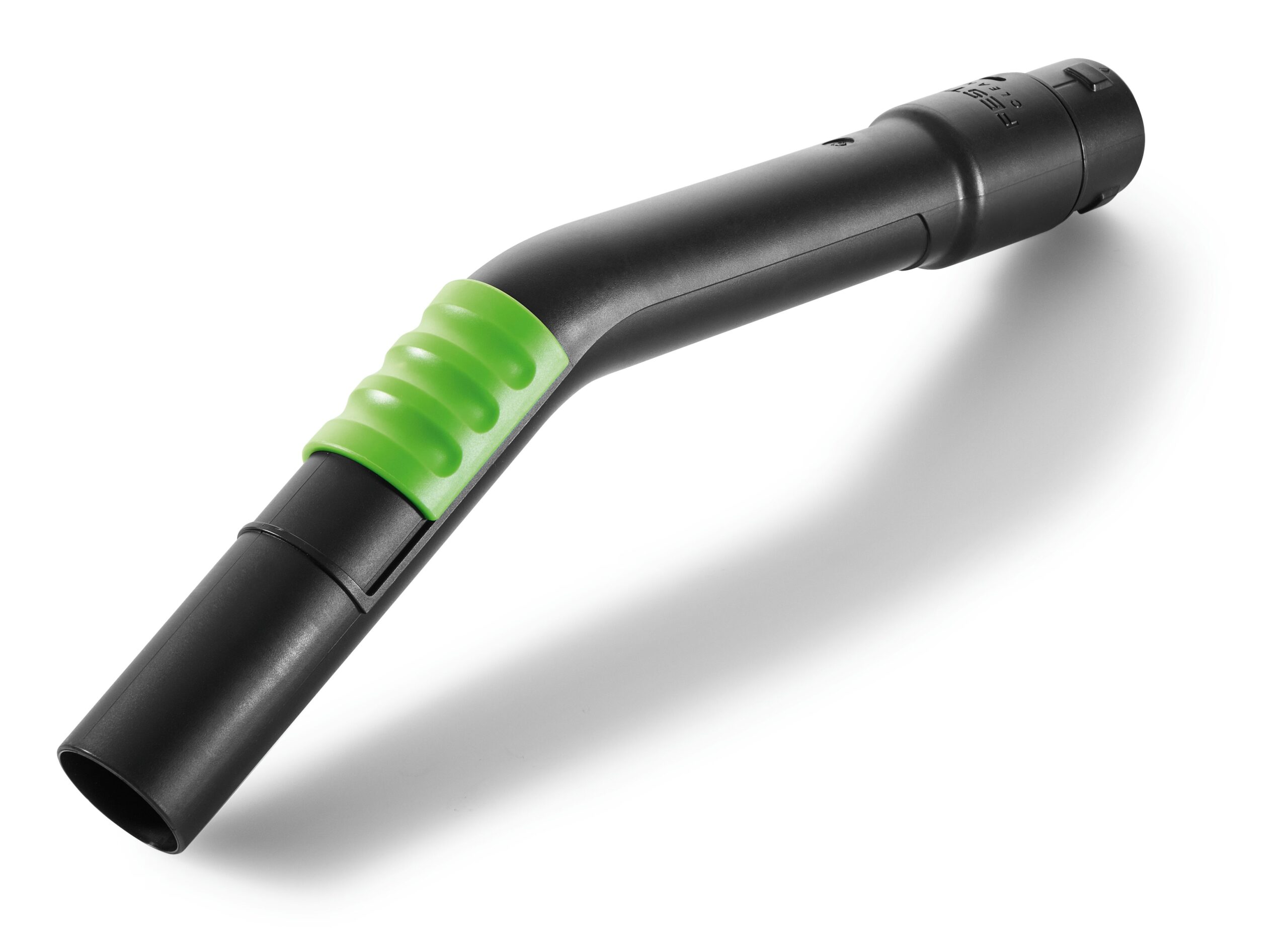 A black plastic vacuum cleaner attachment with a curved shape and a green ribbed grip near the handle, on a white background.