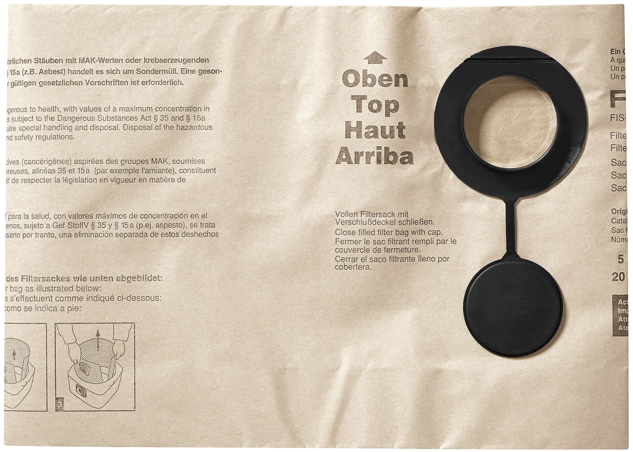A brown paper bag with instructions and diagrams, plus a round black plastic cap with a cover attached near the top right.