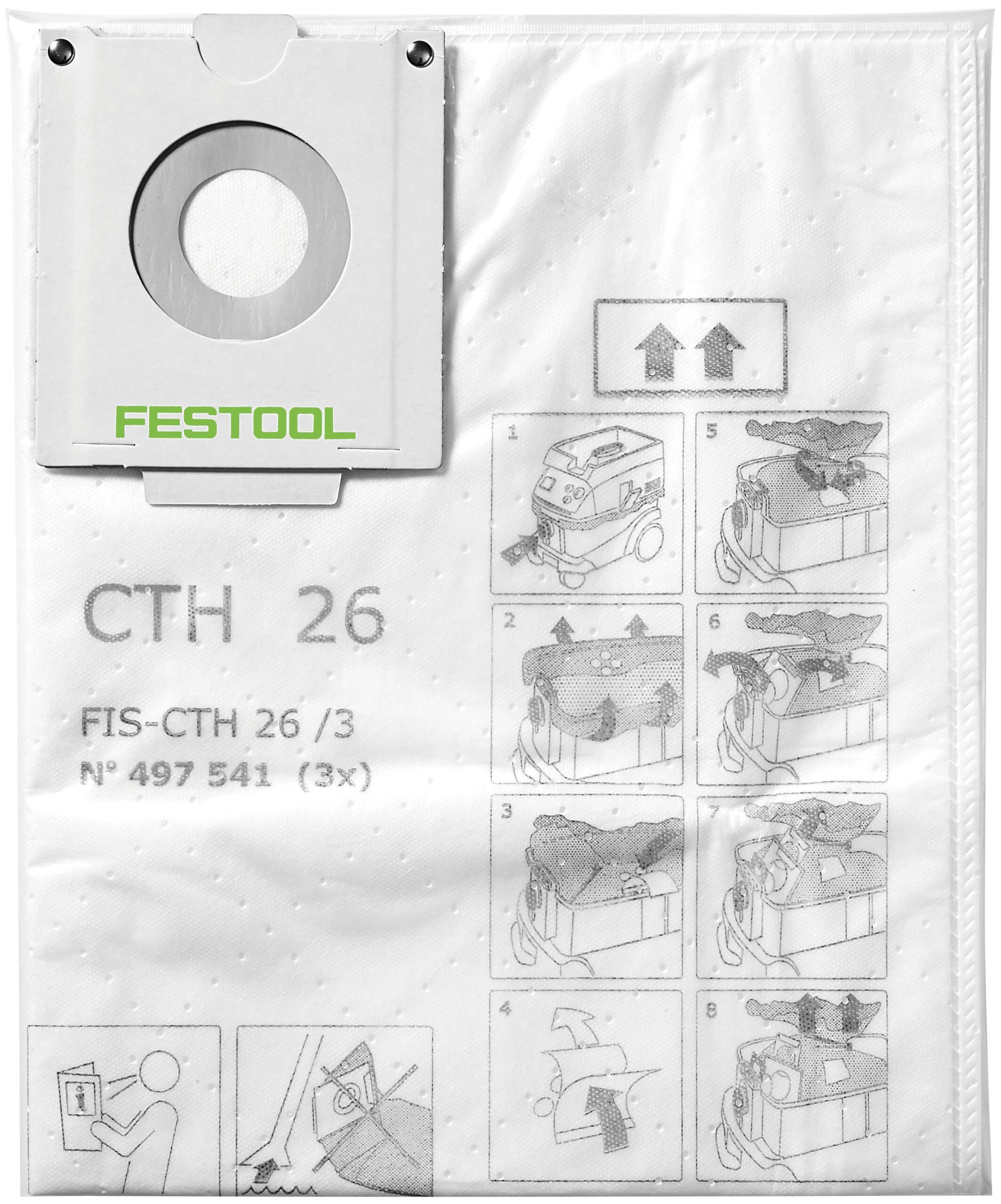 A Festool CTH 26 vacuum dust bag. Instructional illustrations show how to insert and replace the bag inside a vacuum cleaner.