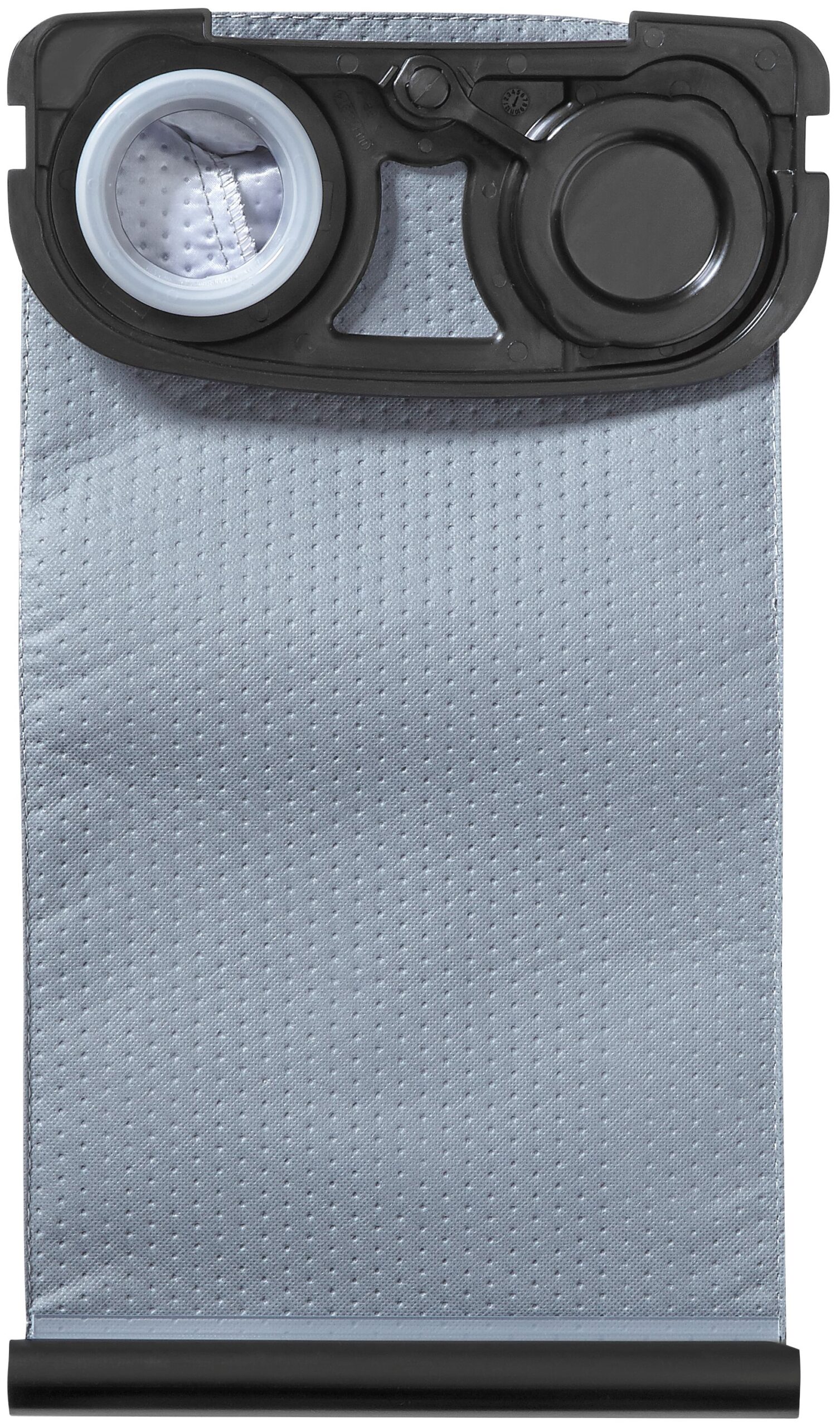 A gray vacuum cleaner bag with a black plastic collar and white circular opening at the top. The rectangular bag has a textured surface.