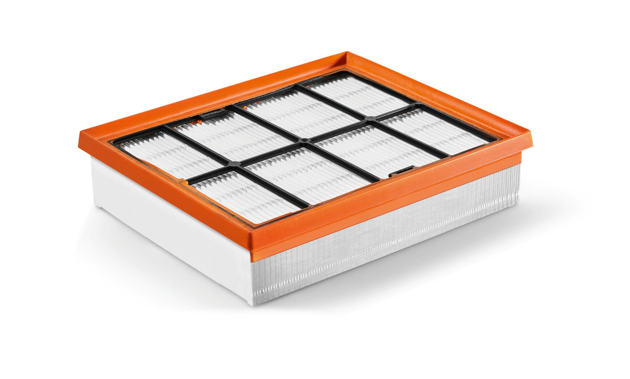 A rectangular air filter with an orange frame and white pleated material, viewed at an angle on a white background.