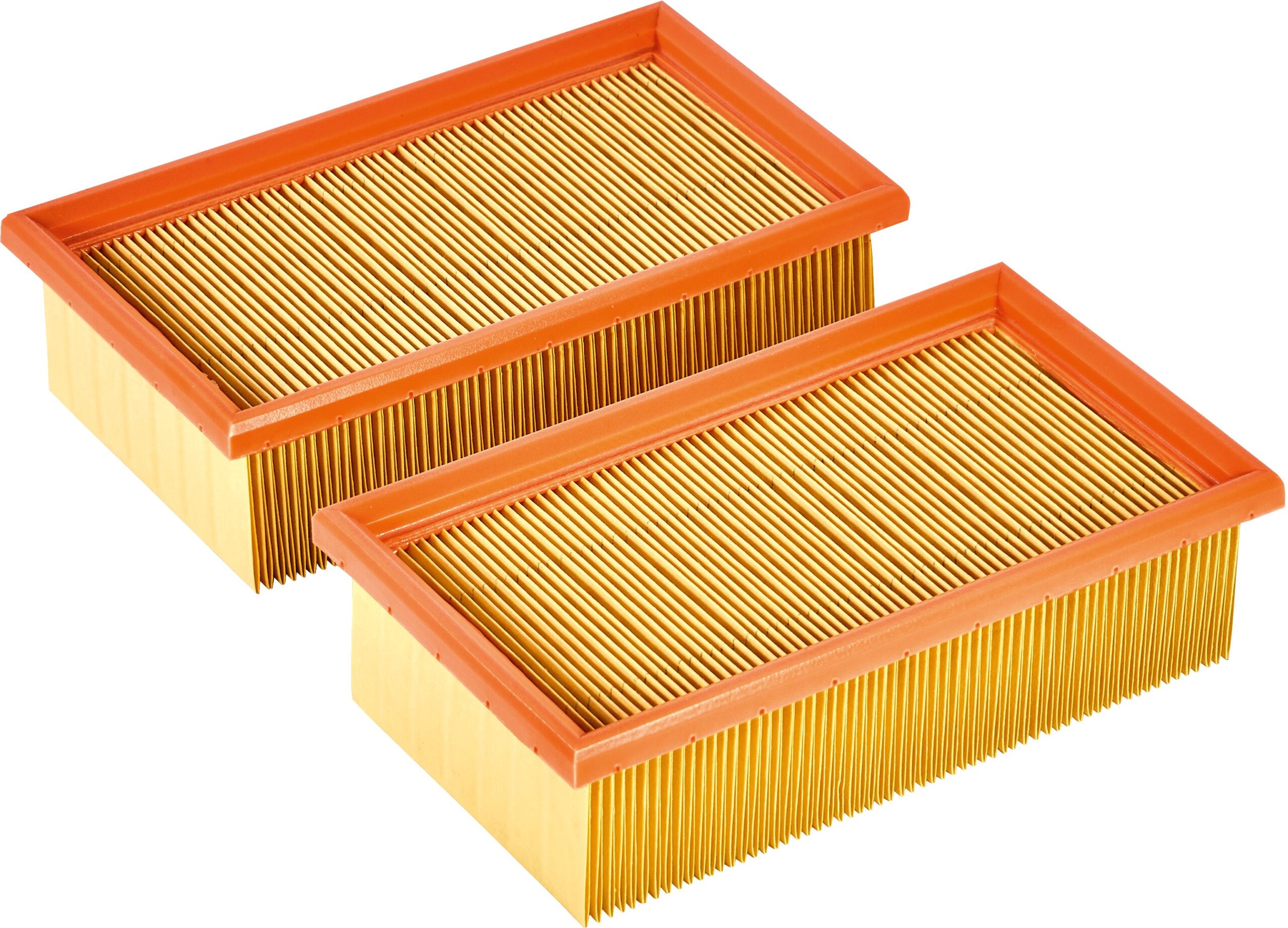 Two rectangular air filters with orange frames and yellow pleated filter material are placed side by side on a white background.
