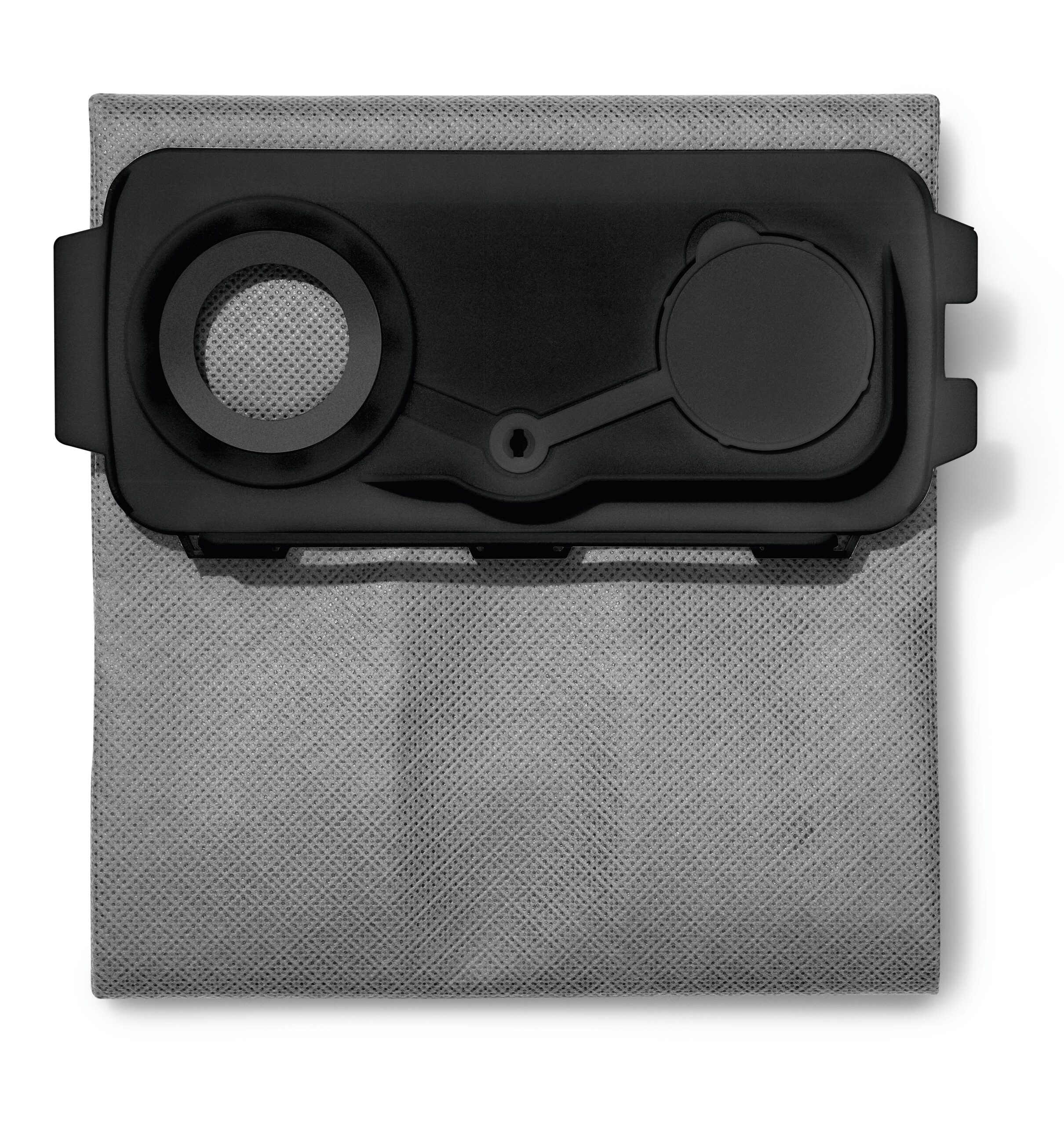 A gray vacuum cleaner bag with a black plastic collar and circular opening, lying flat on a white background.