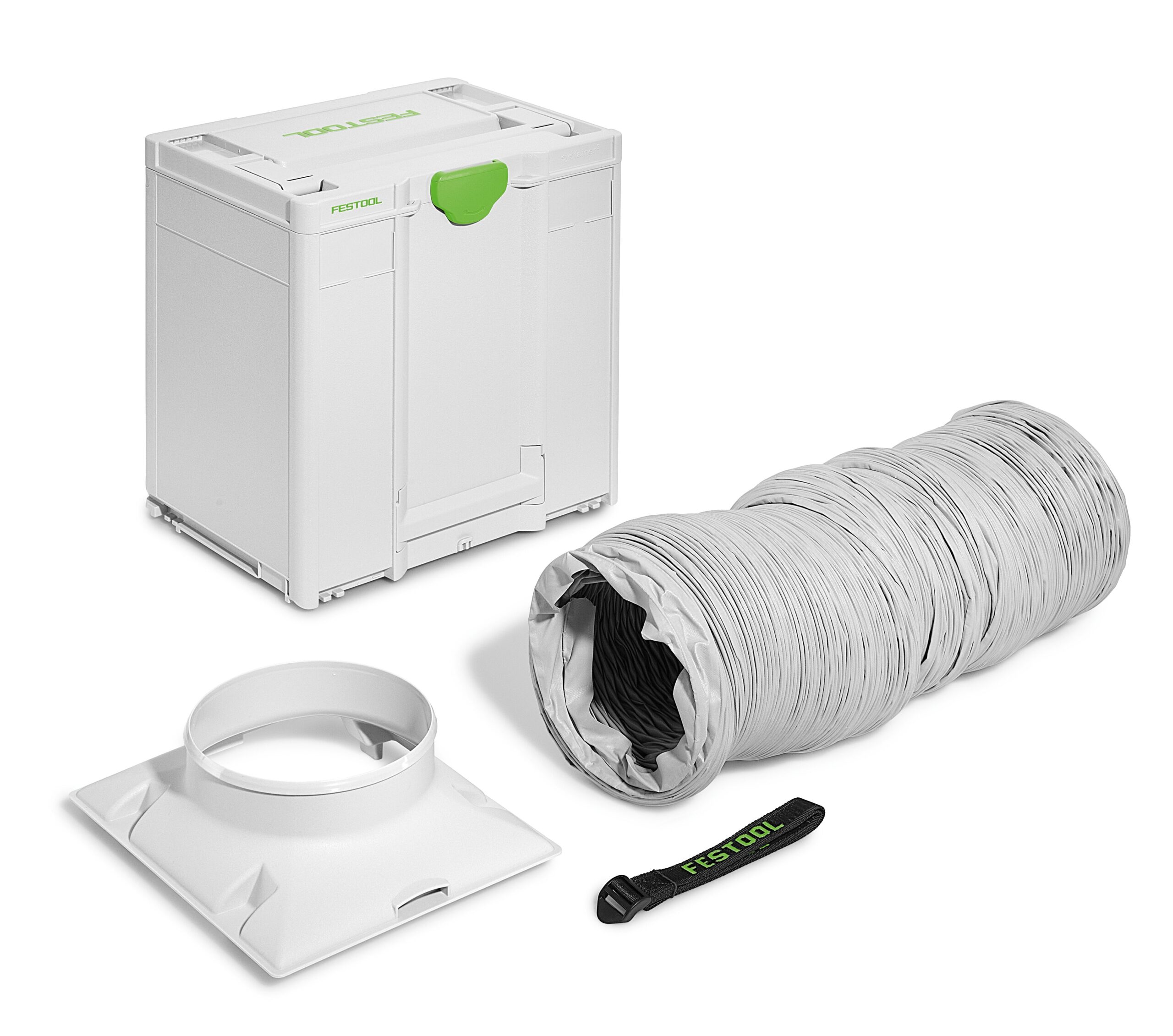 The Festool 577964 Air exhaust hose LS-SYS-AIR D200x6m set includes a white box with green handle, adapter, and black strap.
