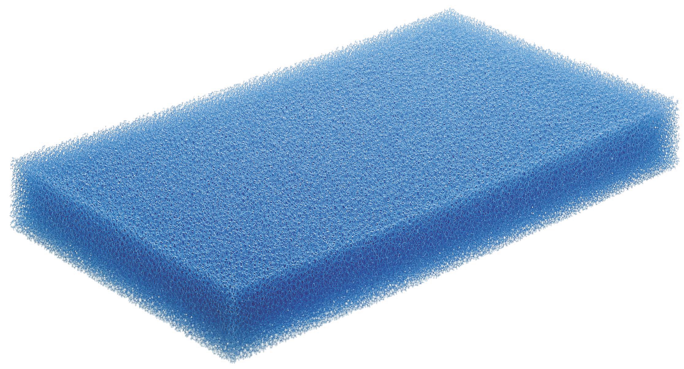 A rectangular blue sponge with a porous texture is displayed on a white background.